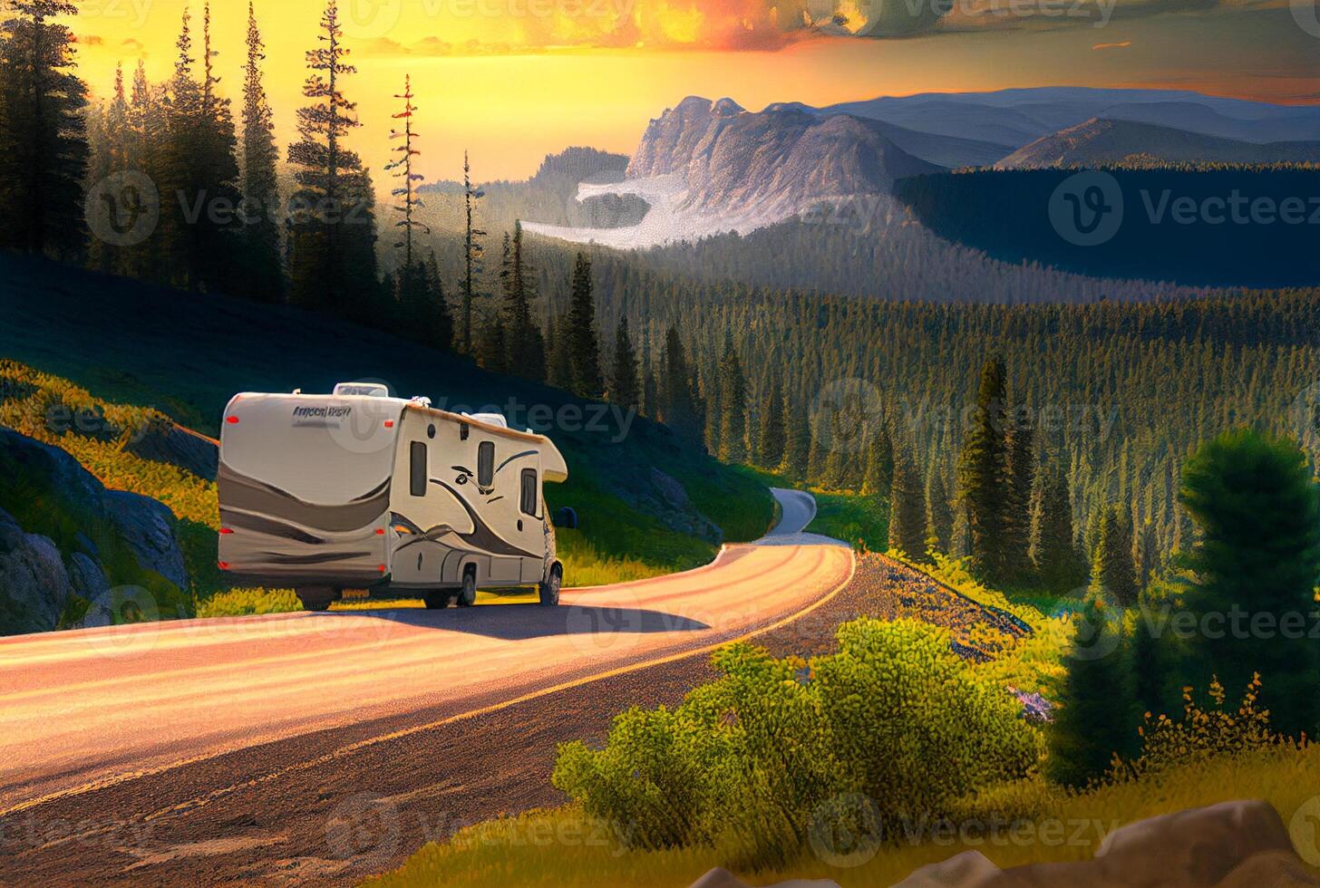 RV Camper Driving Down the Mountain Road - Gerative AI. photo