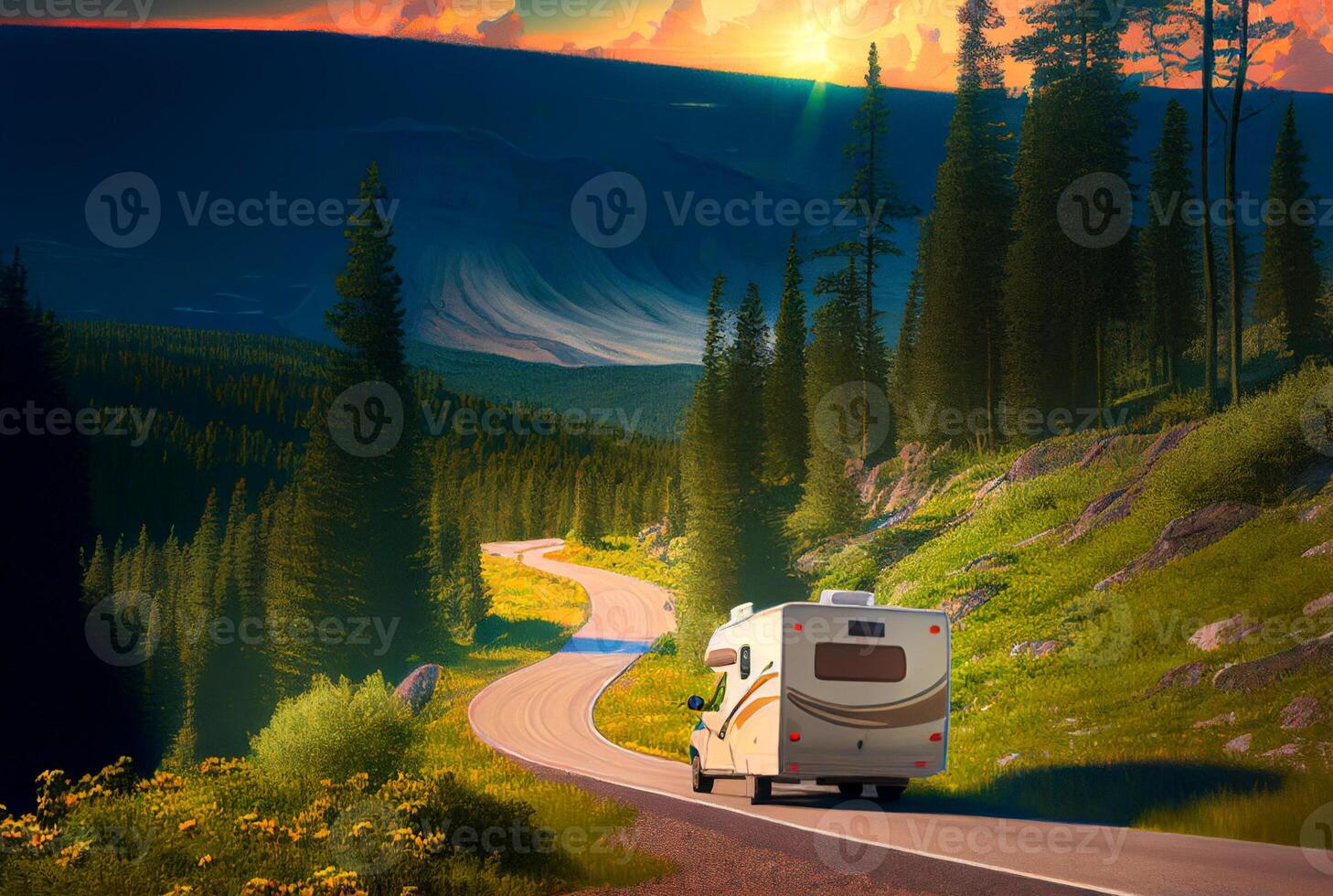 RV Camper Driving Down the Mountain Road - Gerative AI. photo