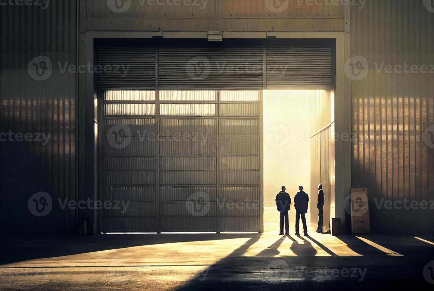 Silhouetted Businessmen Standing Near Opening of Large Commercial Industrial Building - . photo