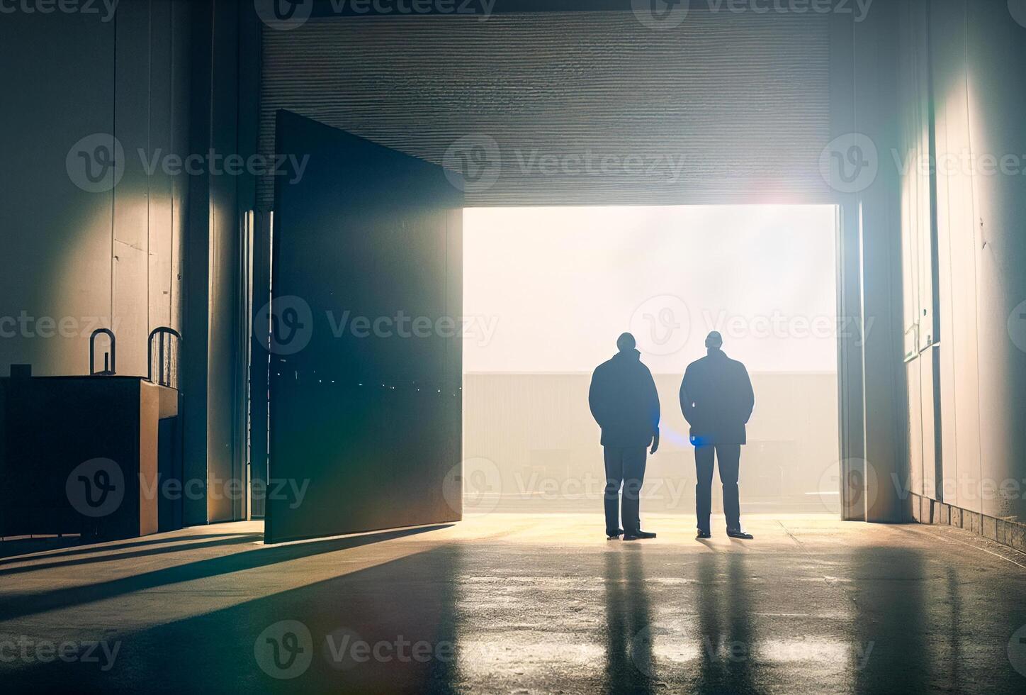 Silhouetted Businessmen Standing Near Opening of Large Commercial Industrial Building - . photo