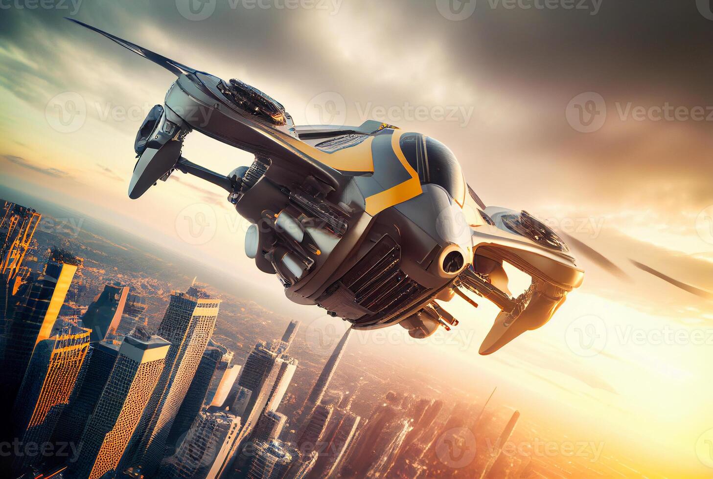 Futuristic Drone Flying Above a City - . photo