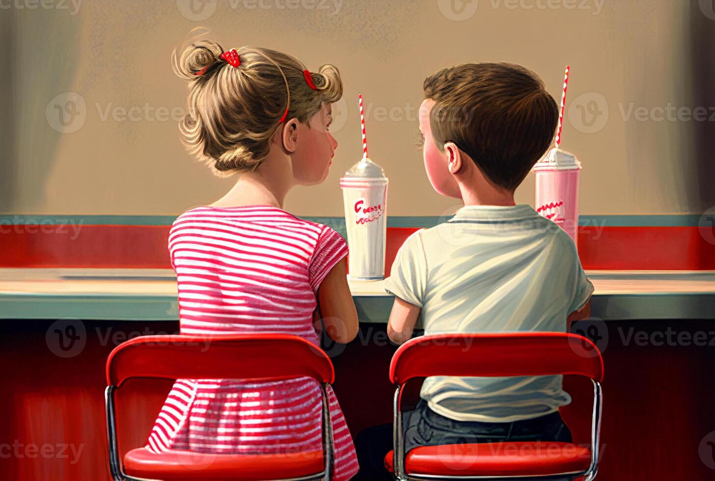 Romantic Young Boy and Girl Sitting Side By Side At The Malt Shop - . photo