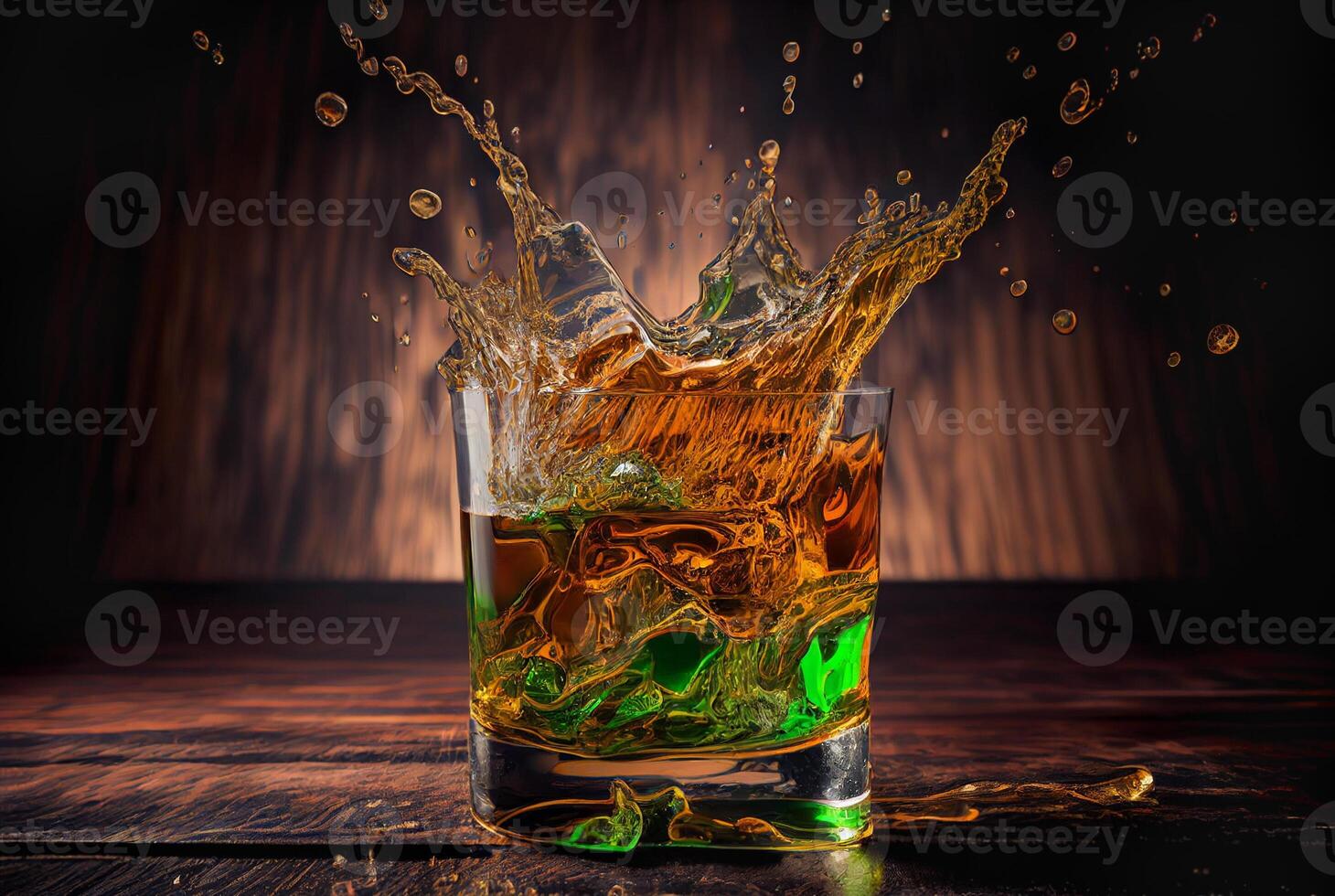 Ice Cubes Splashing Into a St. Patrick's Day Cocktail Glass In a Studio Setting - . photo