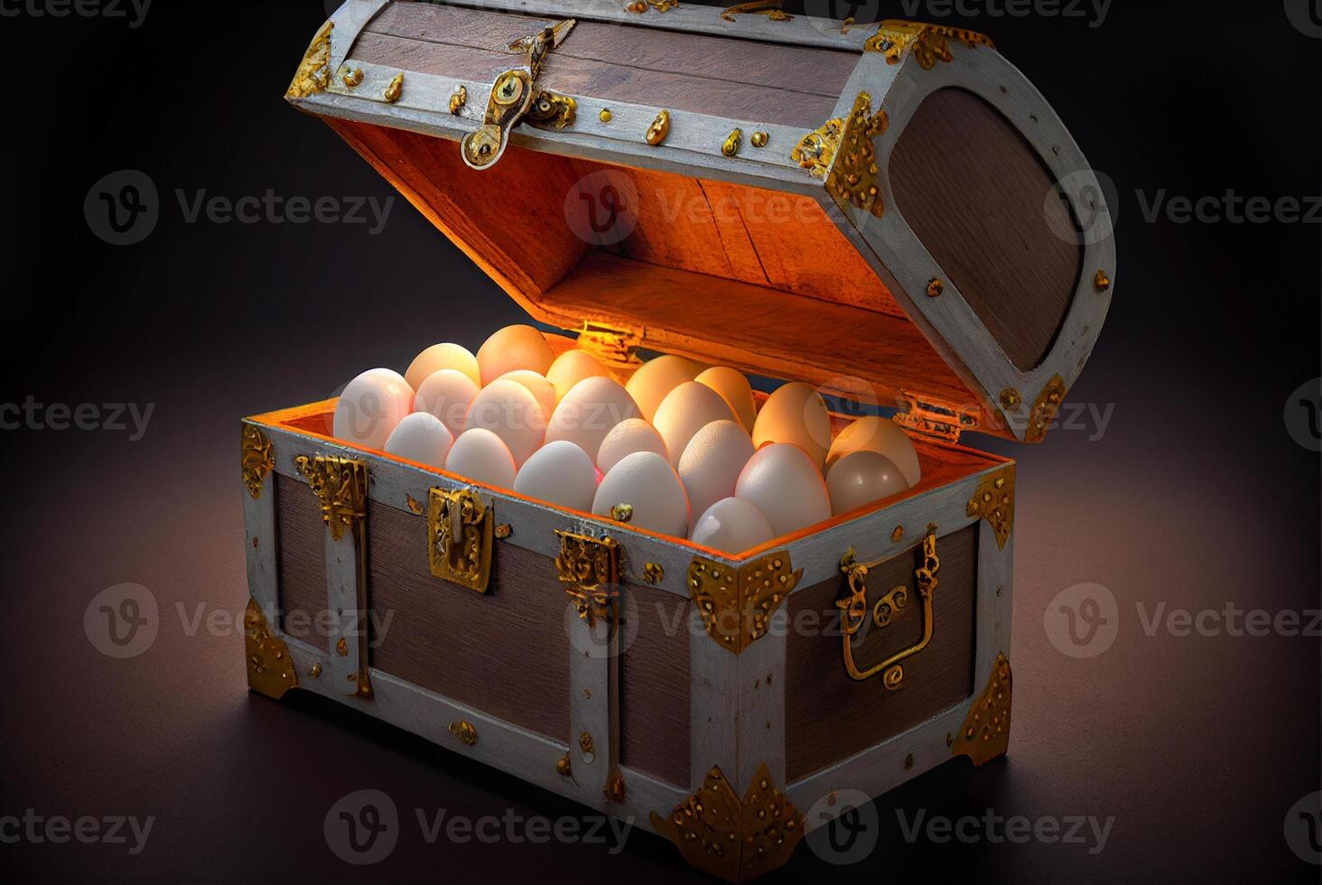 Expensive Chicken Eggs Concept in an Open Treasure Chest . 21928379