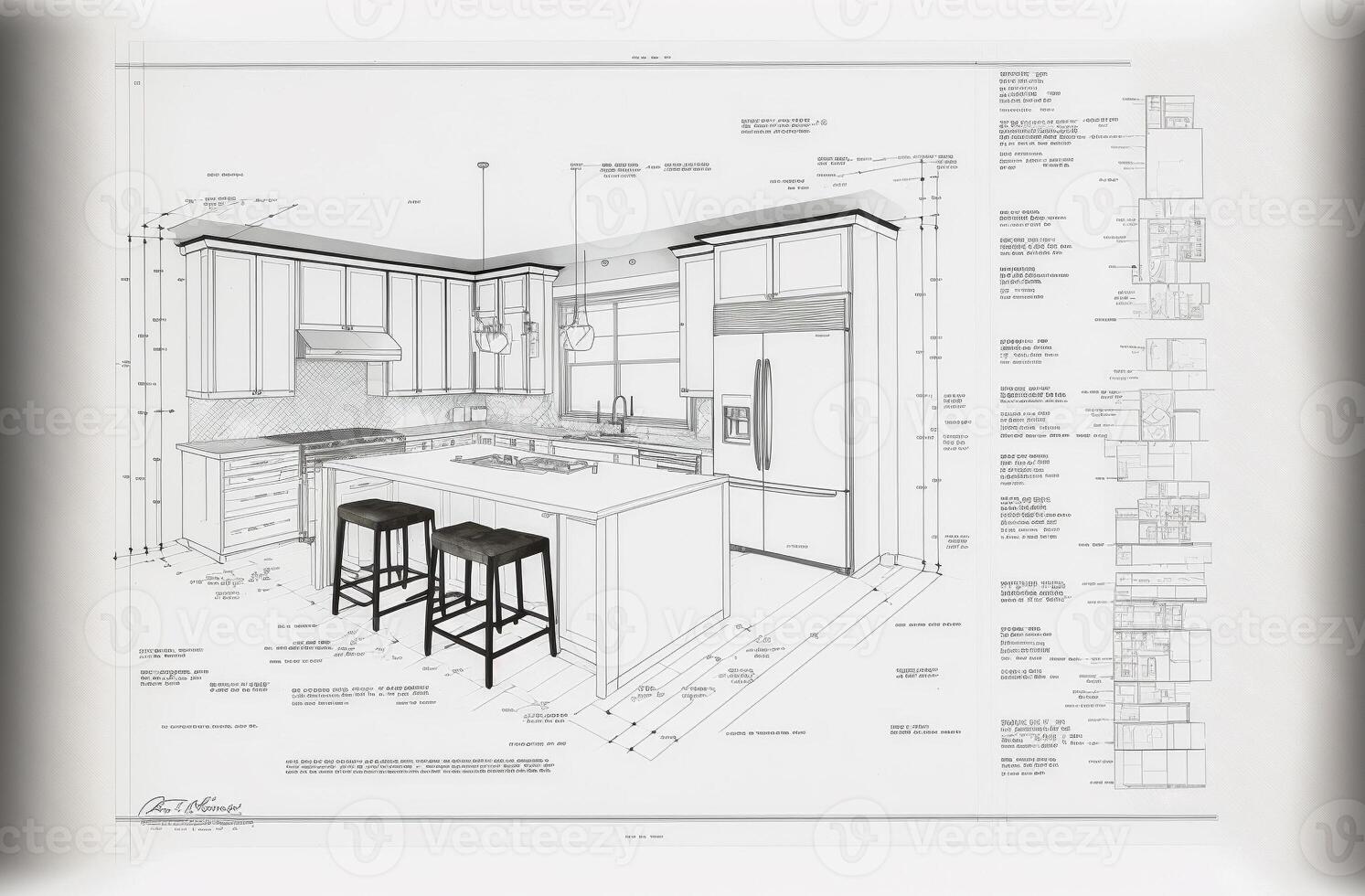 Architectural Drawing with Mock Text and Descriptions of a Custom Kitchen - . photo