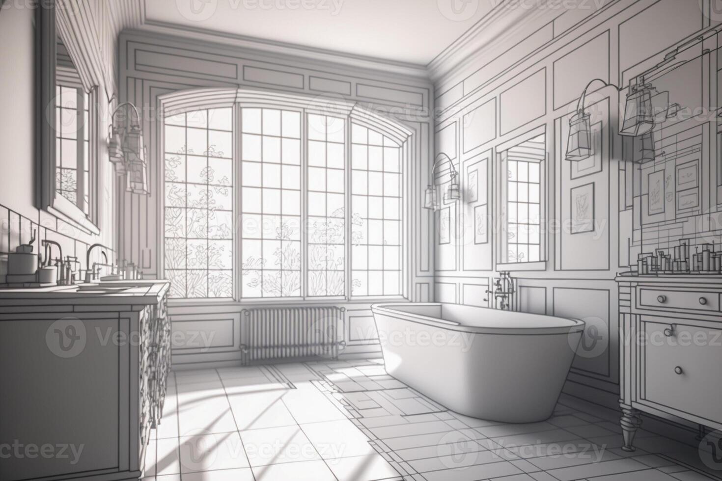 Architectural Rough Exploration Drawing of a Custom Bathroom Interior - . photo