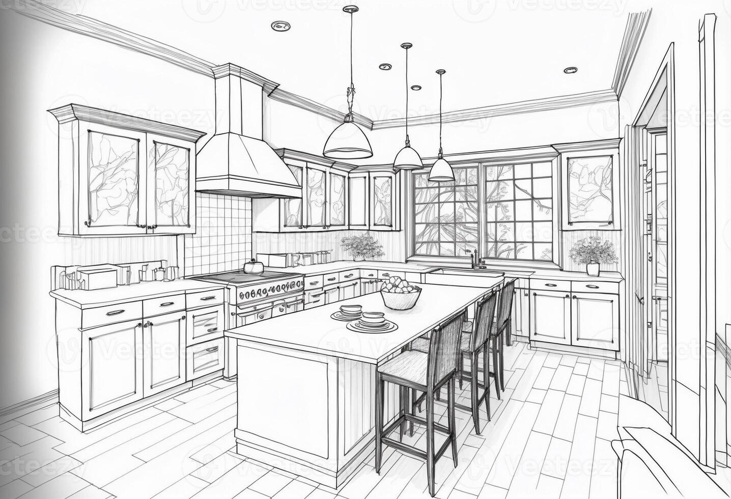 Architectural Rough Exploration Drawing of a Custom Kitchen Interior - . photo