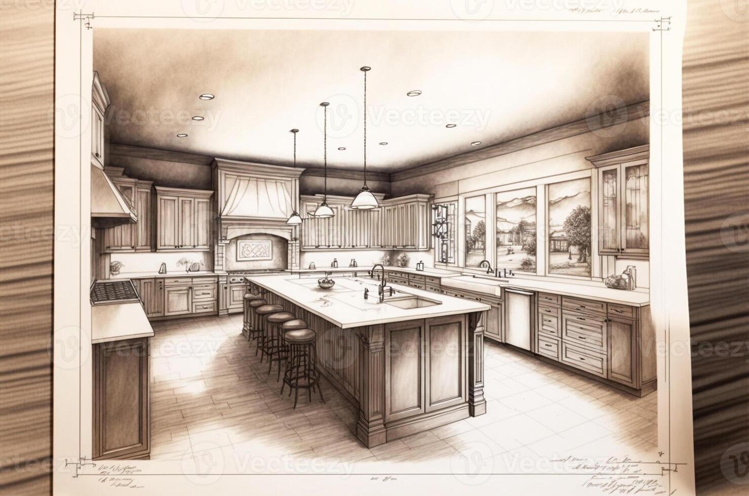 Architectural Rough Exploration Drawing of a Custom Kitchen Interior - . photo