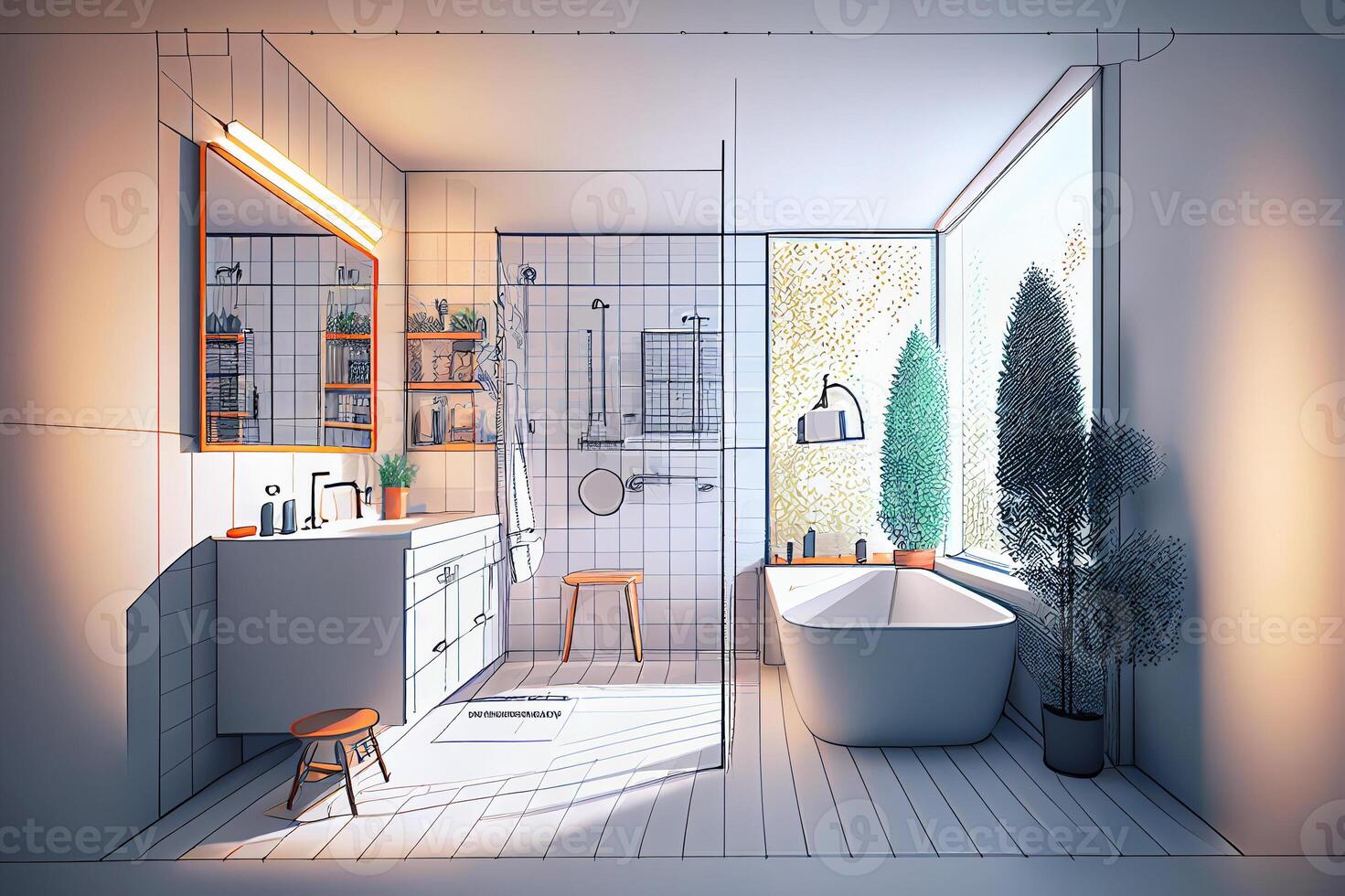 Architectural Rough Exploration Drawing of a Custom Bathroom Interior - . photo