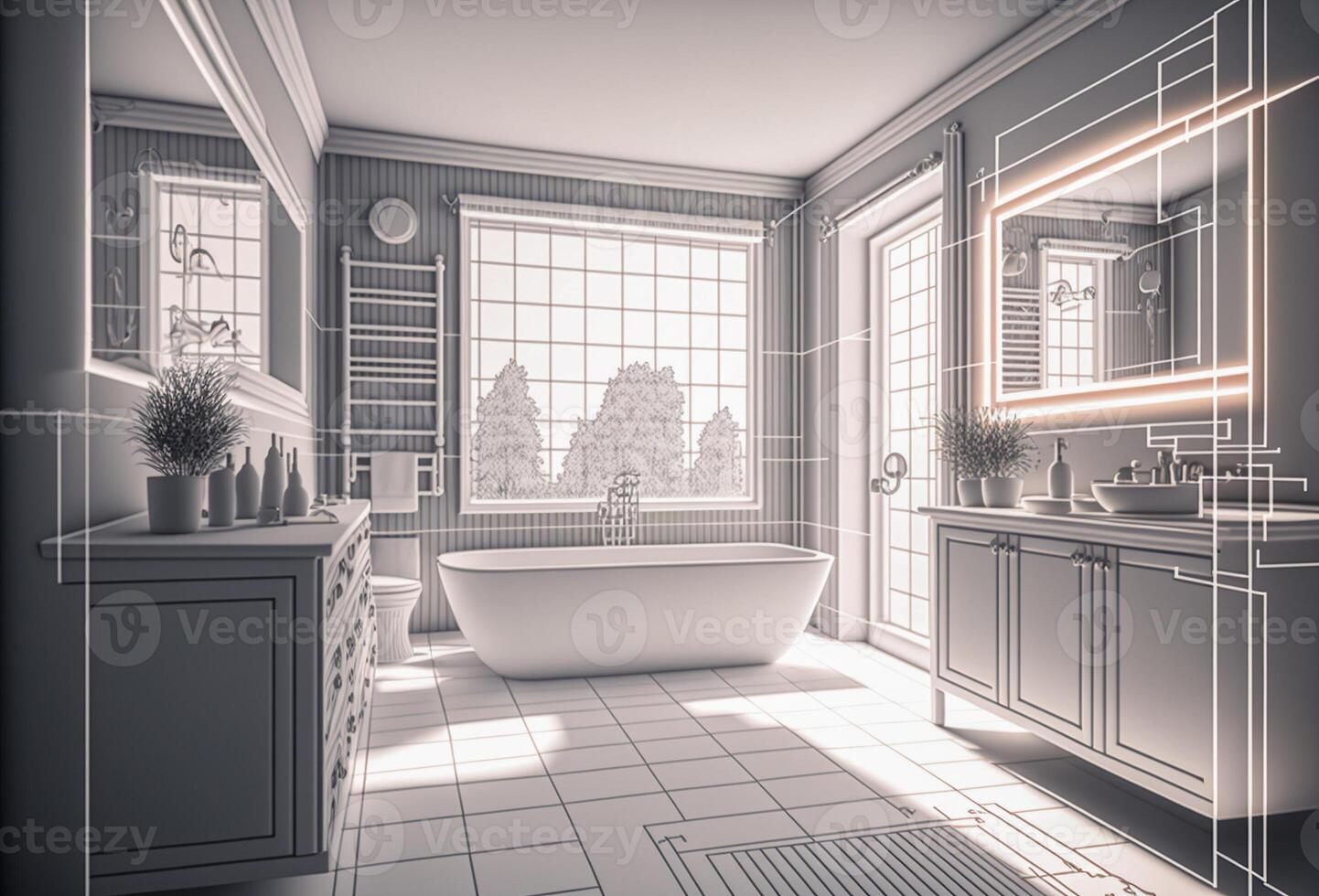 Architectural Rough Exploration Drawing of a Custom Bathroom Interior - . photo