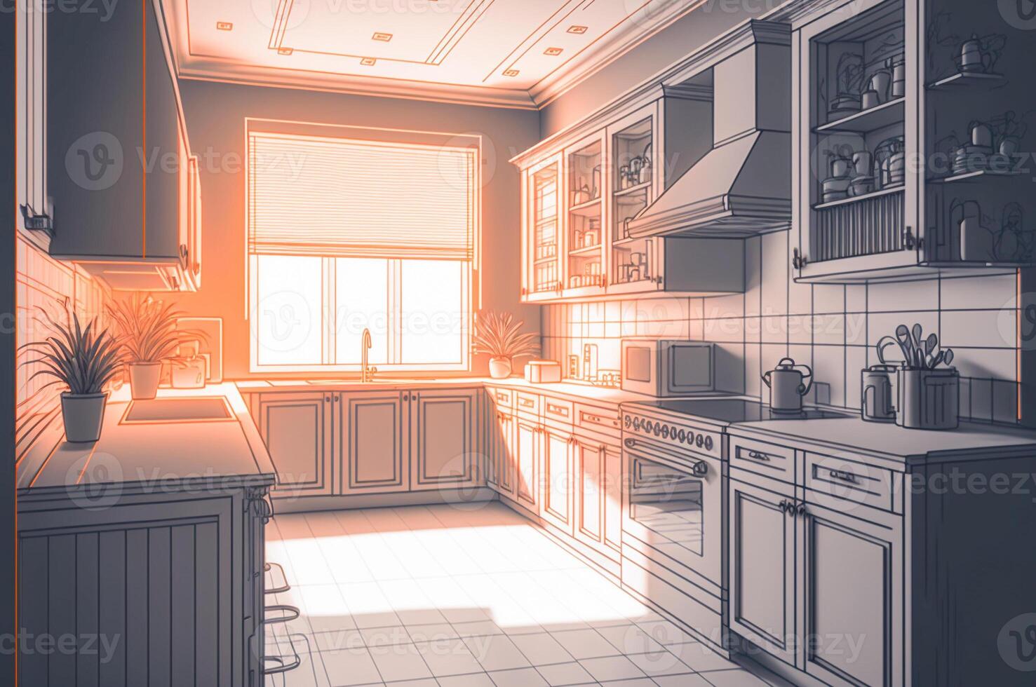 Architectural Rough Exploration Drawing of a Custom Kitchen Interior - . photo