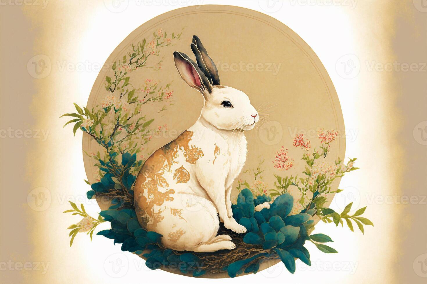 Chinse Watercolor Painting Commemorating the Year of the Rabbit - . photo