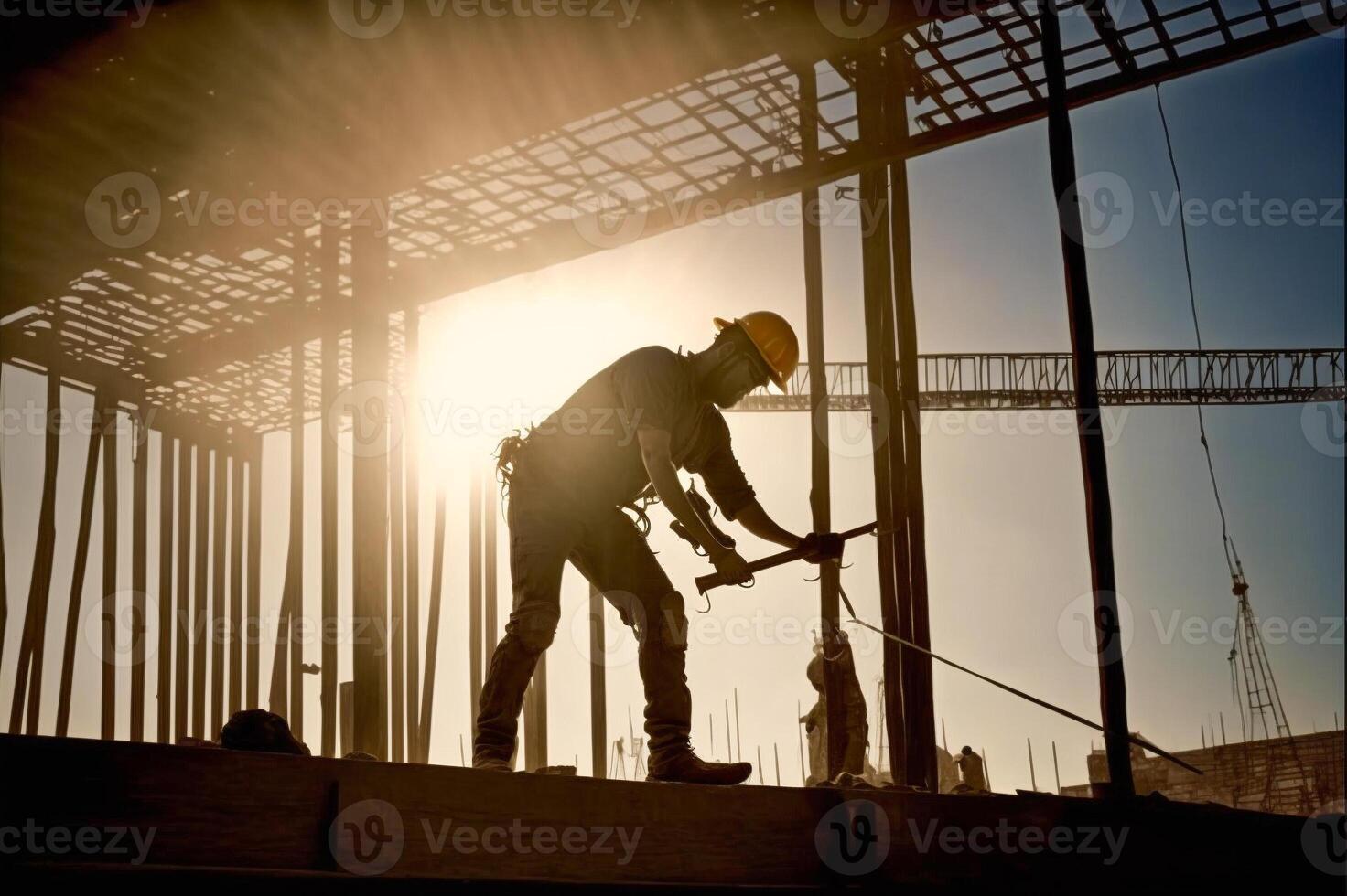 Silhouette of Construction Worker At Construction Site - . photo