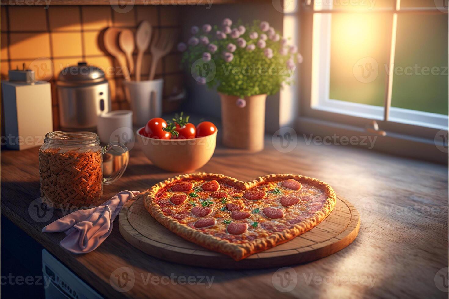 Heart Shaped Valentine's Day Pepperoni Pizza on Wood Cutting Board in Warm Kitchen Scene - .- . photo