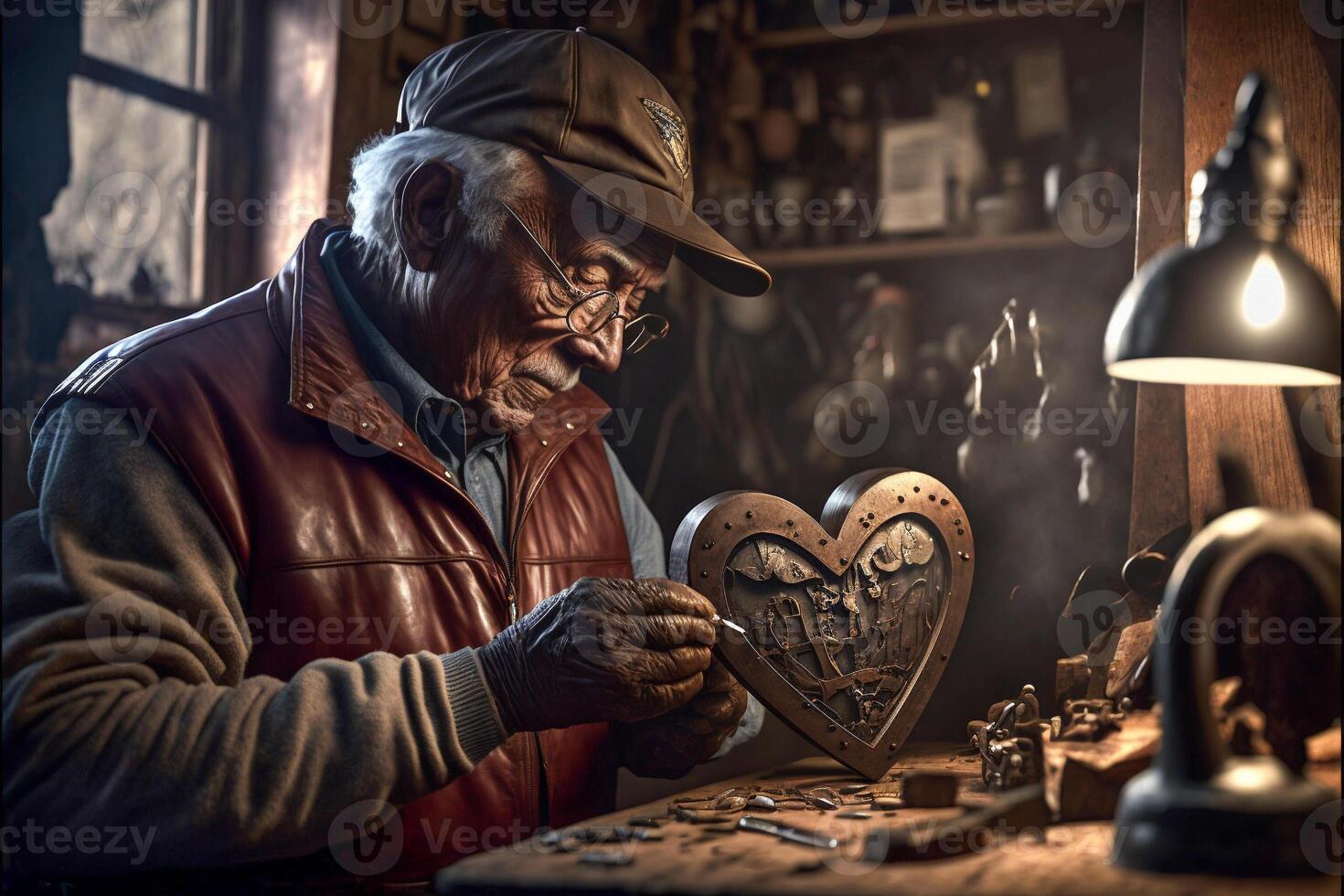 Elderly African American Senior Man At Work Bench Repairing Broken Heart - . photo