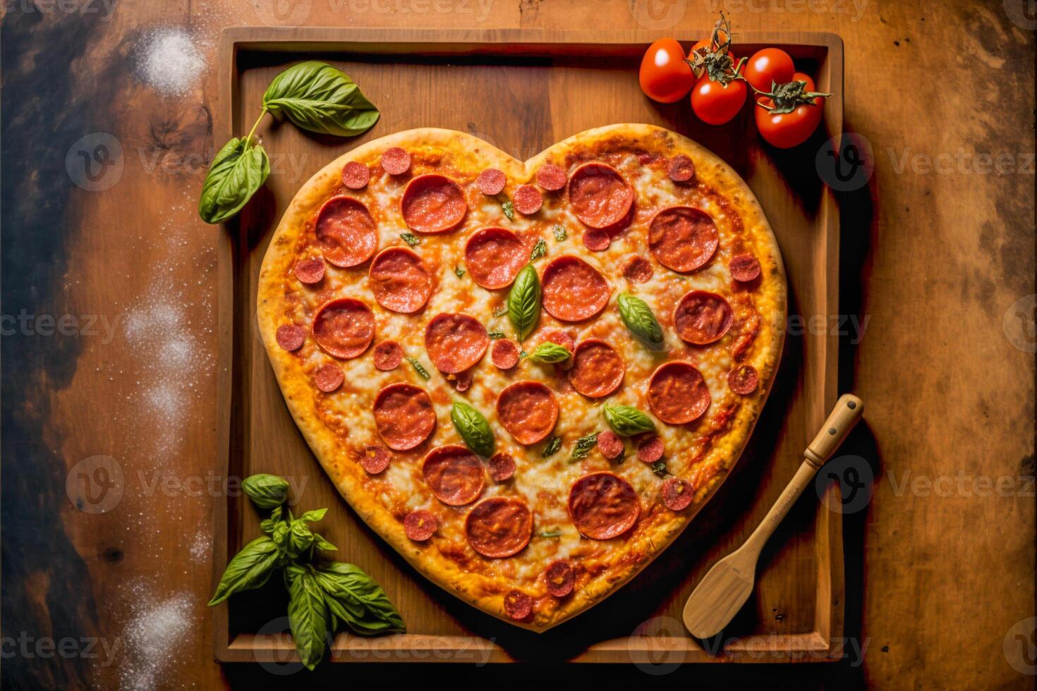 Overhead of Heart Shaped Valentine's Day Pepperoni Pizza on Wood Cutting Board with Basil Leaves and Tomatoes - . photo