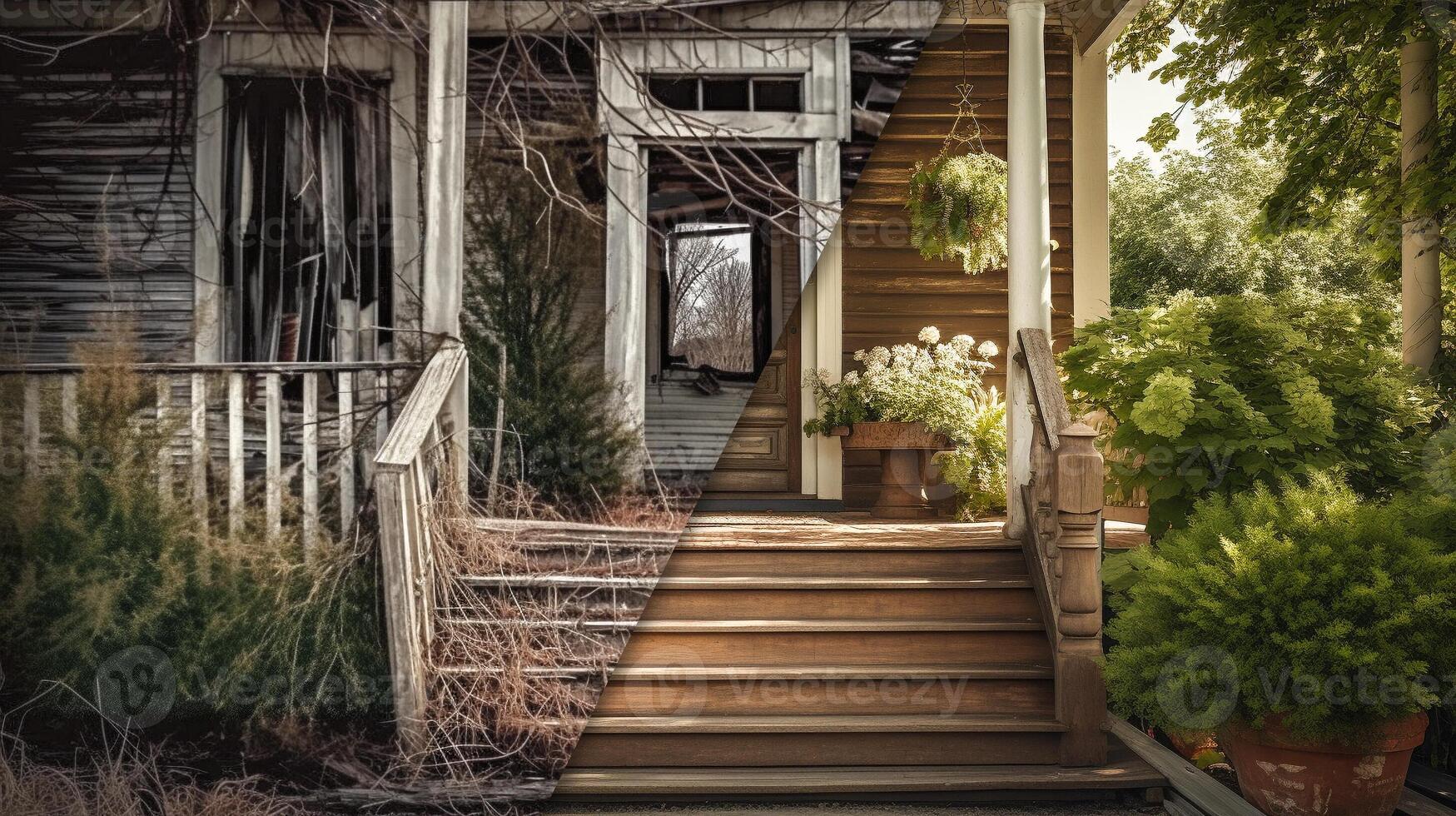 Large House Deck and Entry Before And After Cleanup and Construction - . photo