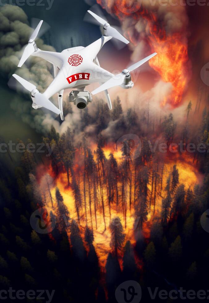 Fire Department Unmanned Aircraft System, Drone Above a Forest Fire - . photo