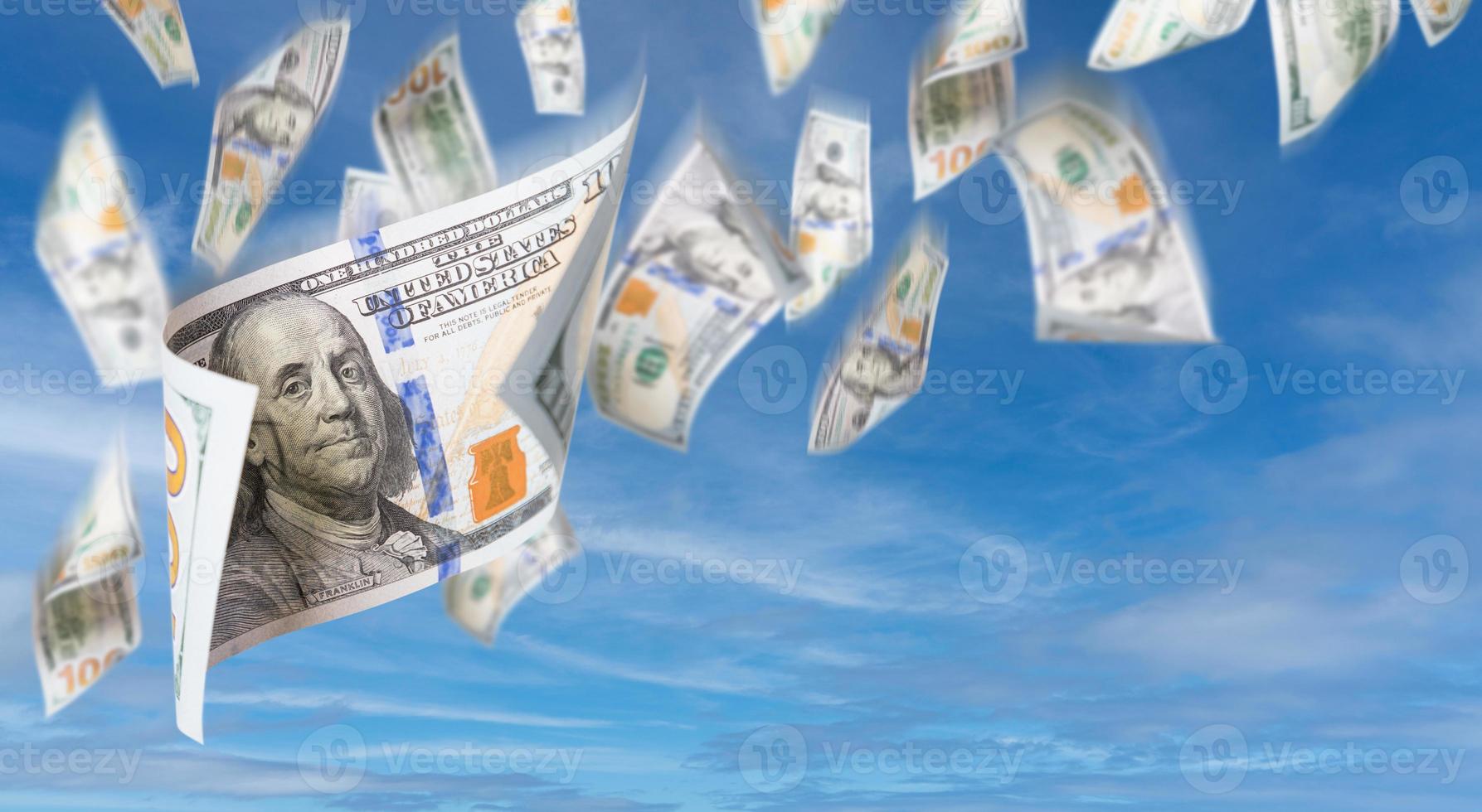 Set of Falling or Floating 100 dollars Bills United States Currency - Money Falling Out of the Sky. AI Generated photo