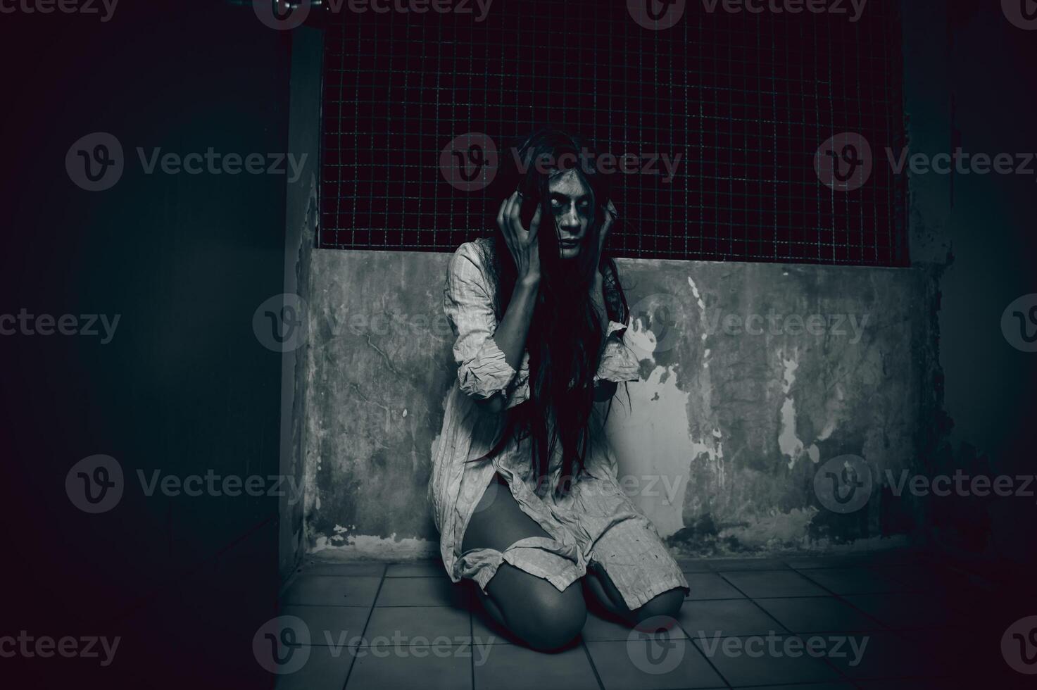 Portrait of asian woman make up ghost,Scary horror scene for background,Halloween festival concept,Ghost movies poster,angry spirit in the apartment photo