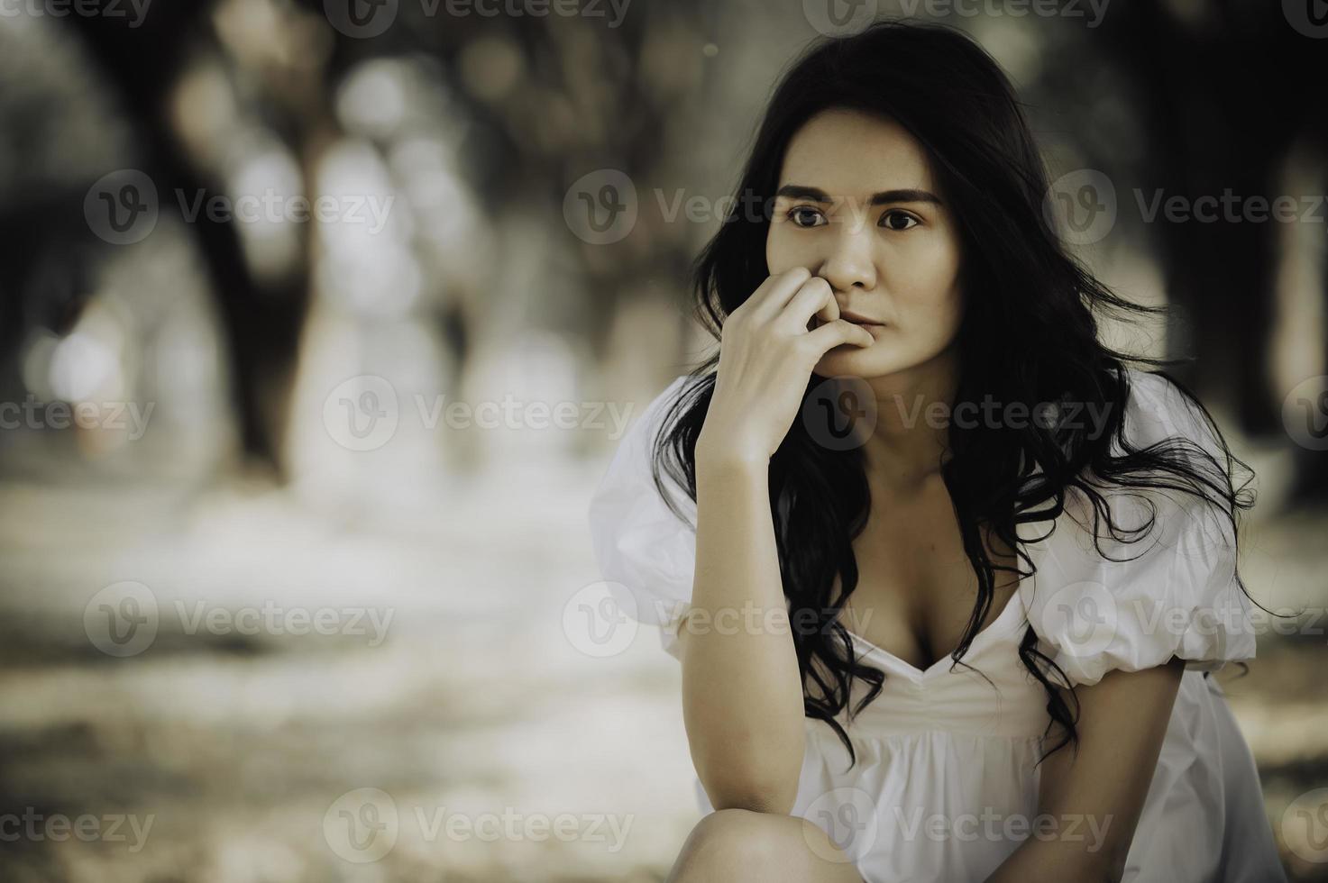 Lonely Sad fat woman ,She think over from love,heartbreak,Heartbroken because of disappointment,Thailand people photo