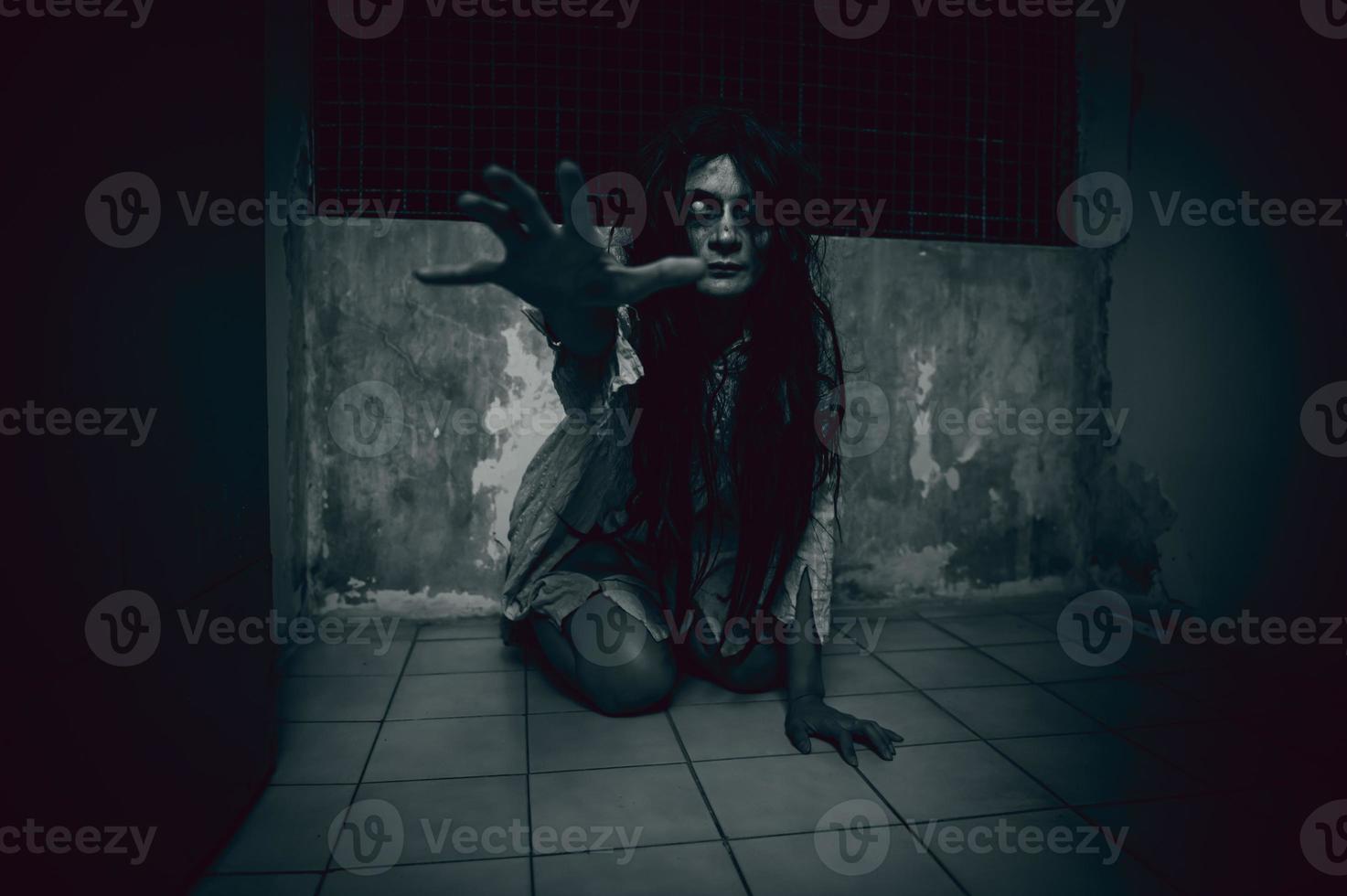 Portrait of asian woman make up ghost,Scary horror scene for background,Halloween festival concept,Ghost movies poster,angry spirit in the apartment photo