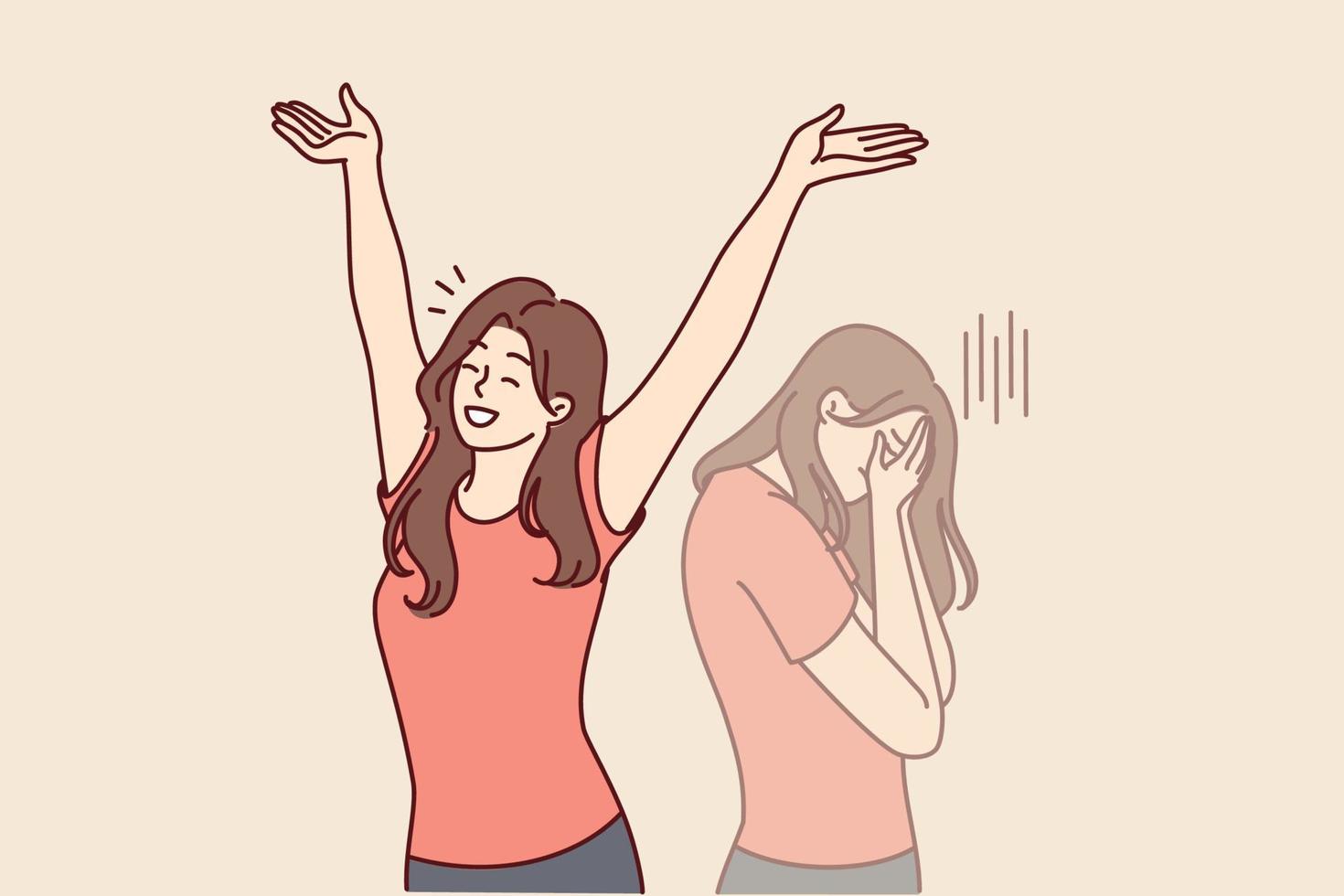 Positive woman raises hands up and rejoices having got rid of bad emotions and depression spoiling mood. Crying doppelganger behind girl for concept of mood swings or split personality vector