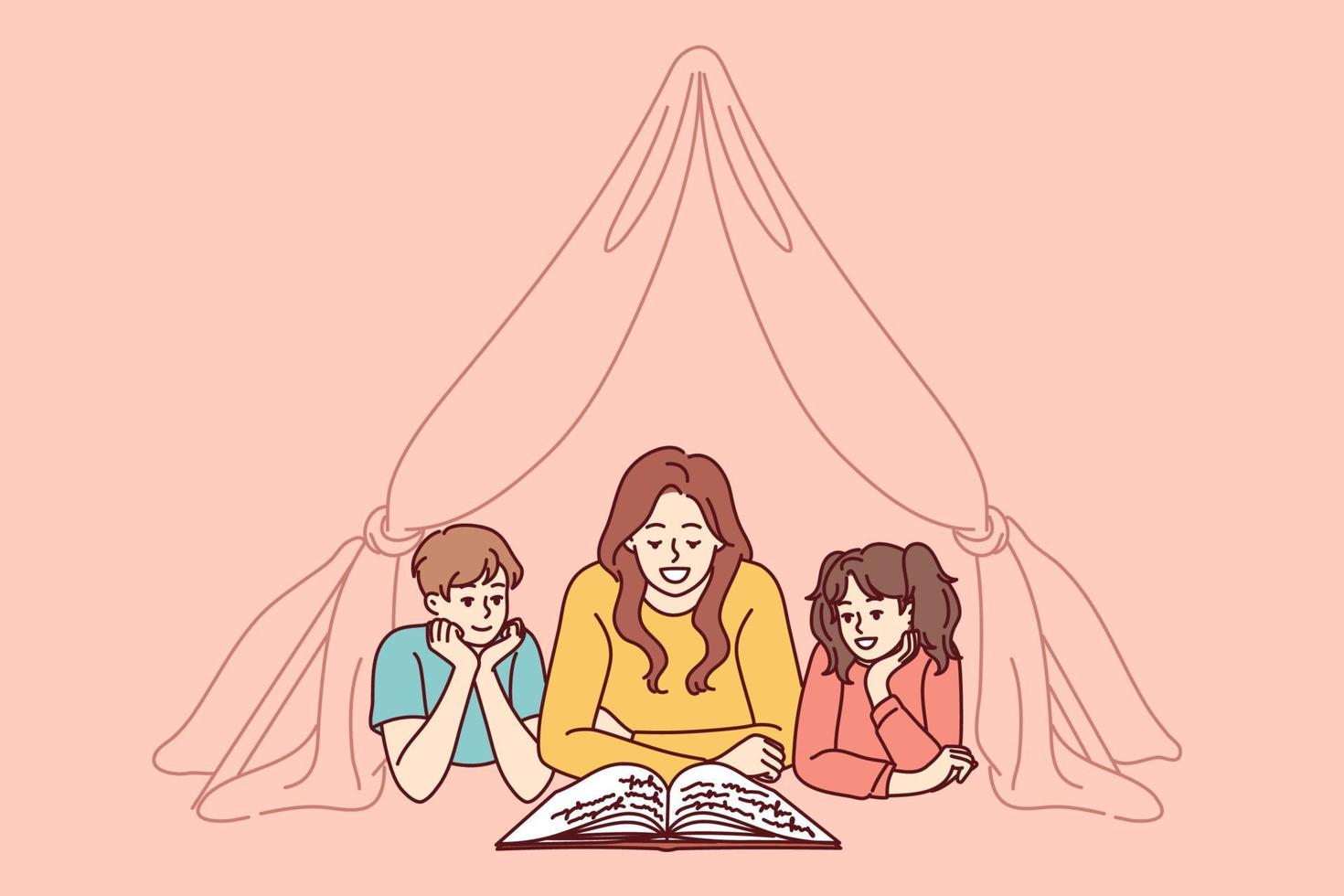 Nanny and two small children reading book lying on floor in tent enjoying fairy tale story. Mom spends time with pre-adolescent children and gets positive emotions from self-parenting vector