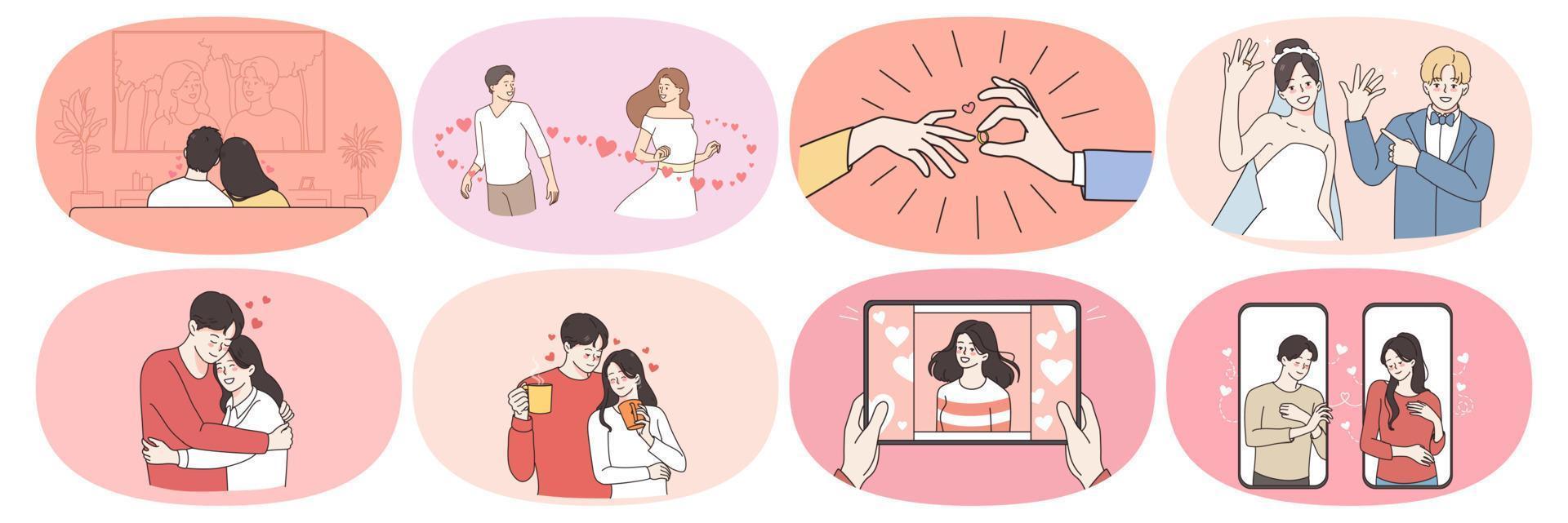 Set of happy man and woman communicate meet online on internet. Smiling couple fall in love, get engaged and marry. Relationship goal concept. Love and affection. Flat vector illustration.