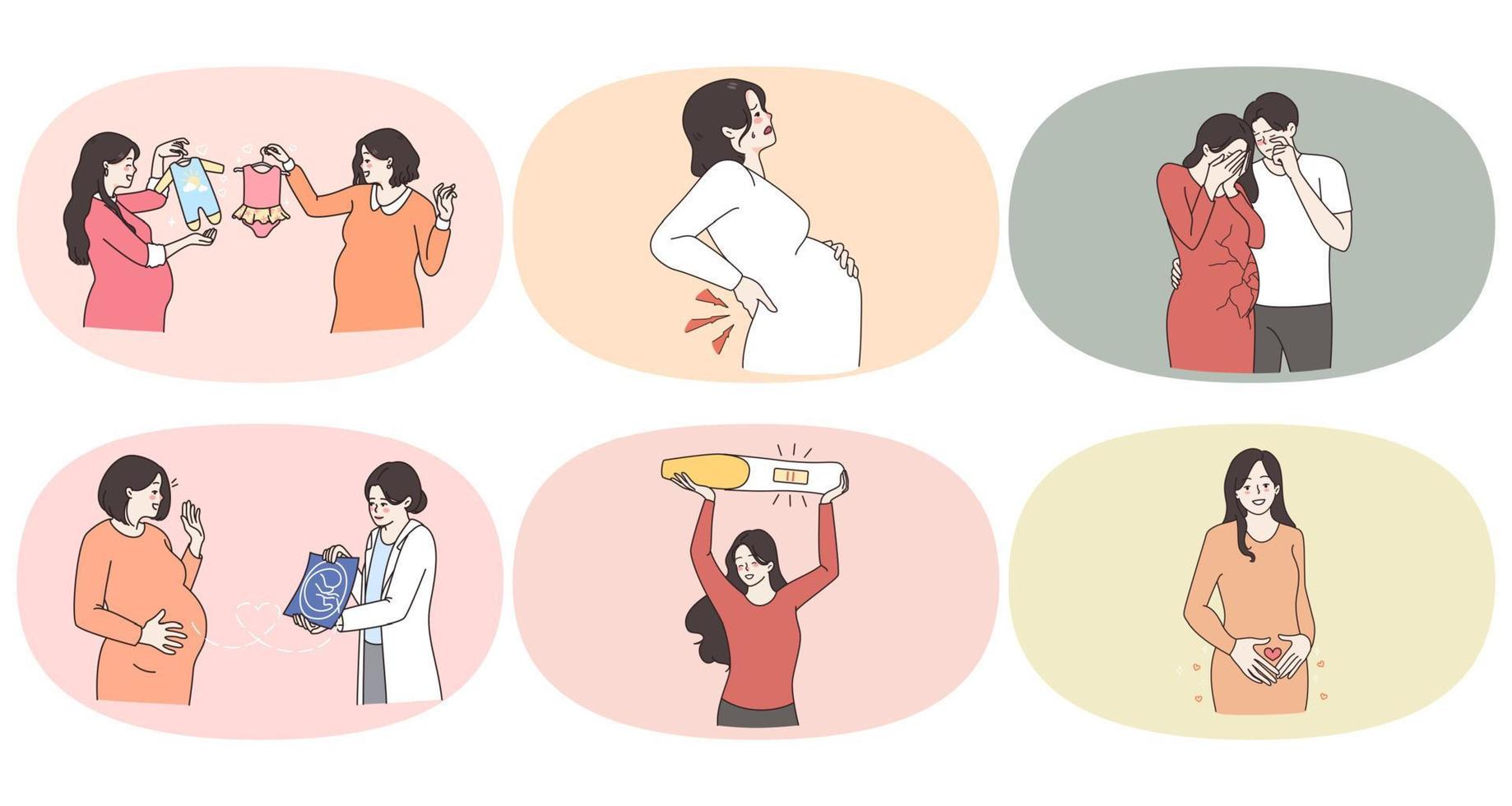 conjunto de mujer con barriga emocionado con planificado el embarazo. colección de hembra infeliz con aborto espontáneo. embarazada dama esperar bueno contento maternidad. maternidad y FIV. plano vector ilustración.