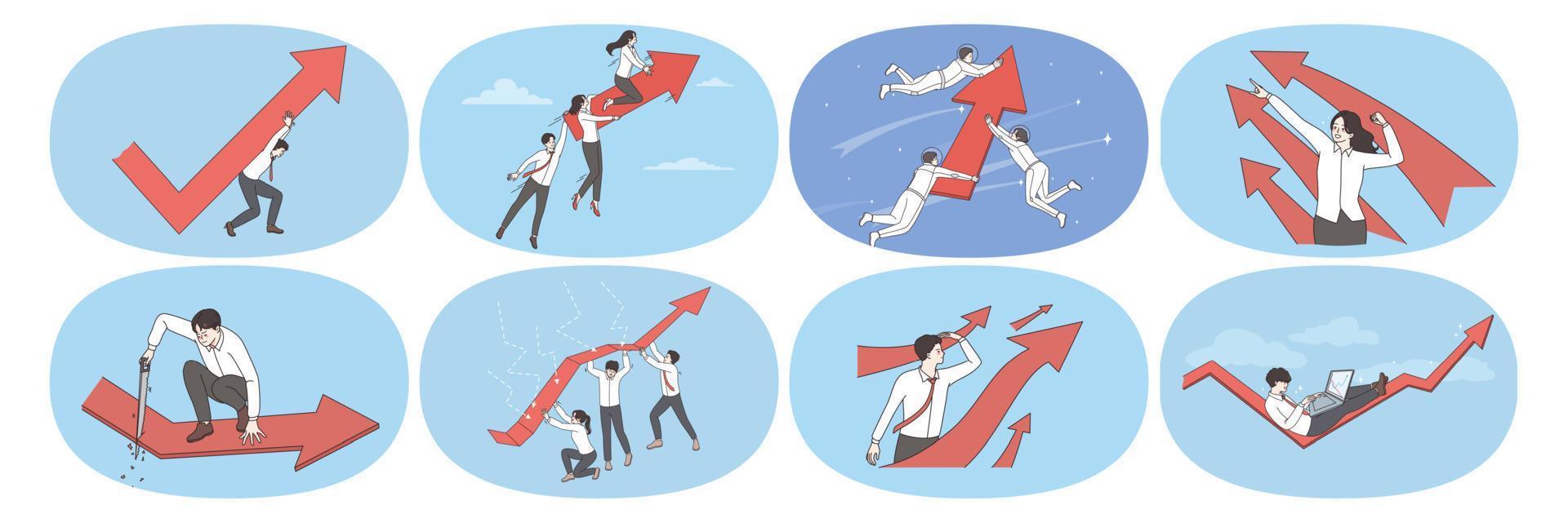 Set of businesspeople with arrow facing upward strive for business success or goal achievement. Bundle of employee or worker team work for job accomplishment. Motivation. Vector illustration.