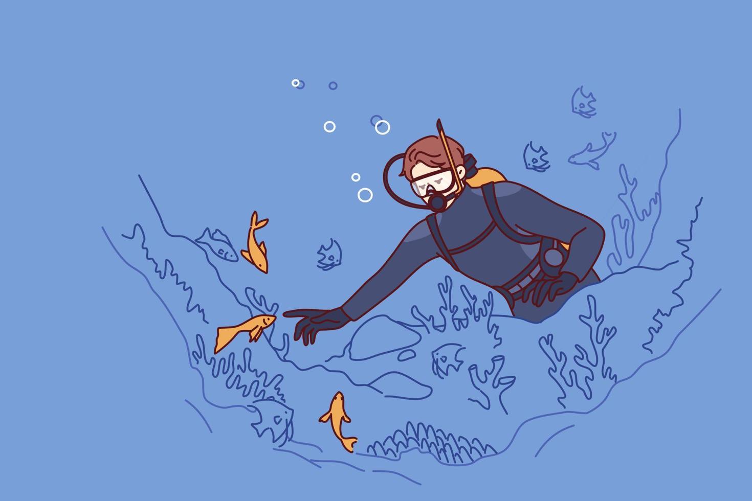 Woman diver explores seabed, getting involved in underwater travel and studying fish living in ocean. Girl scuba diver swims underwater relaxing in tropical climate and enjoying marine hobby vector