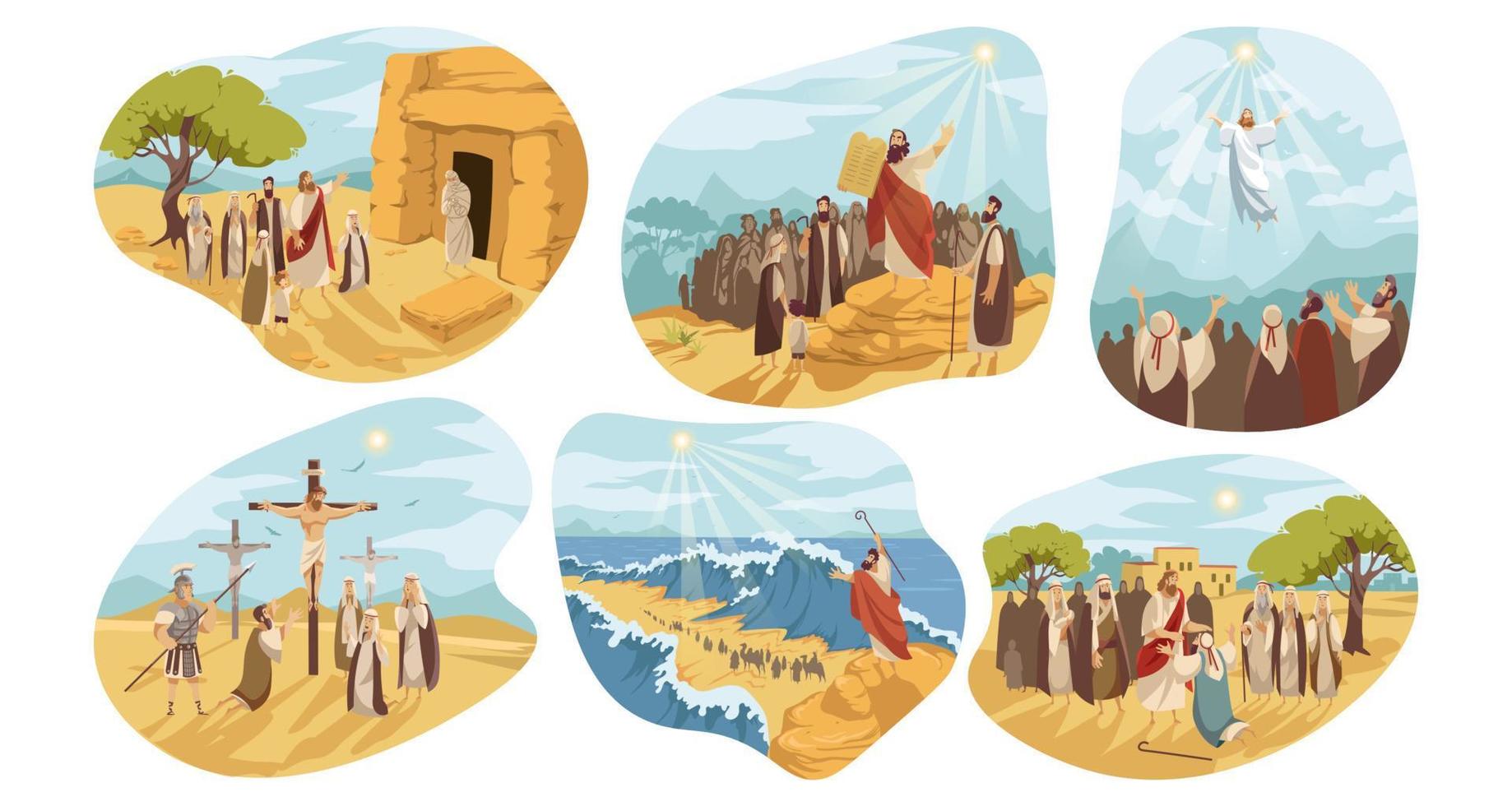 Religion, christianity, Bible set concept. Biblical religious Old and New Testament series of Jesus Christ son of God crucifixion ressurection. Moses prophet gives people Ten Commandments illustration vector