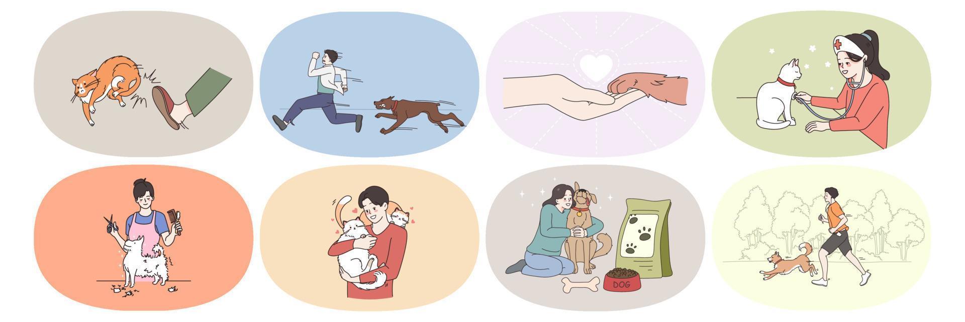 Set of diverse people with cats and dogs enjoy life with domestic animals. Collection of men and women take care of pets. Grooming and vet service concept. Flat vector illustration.