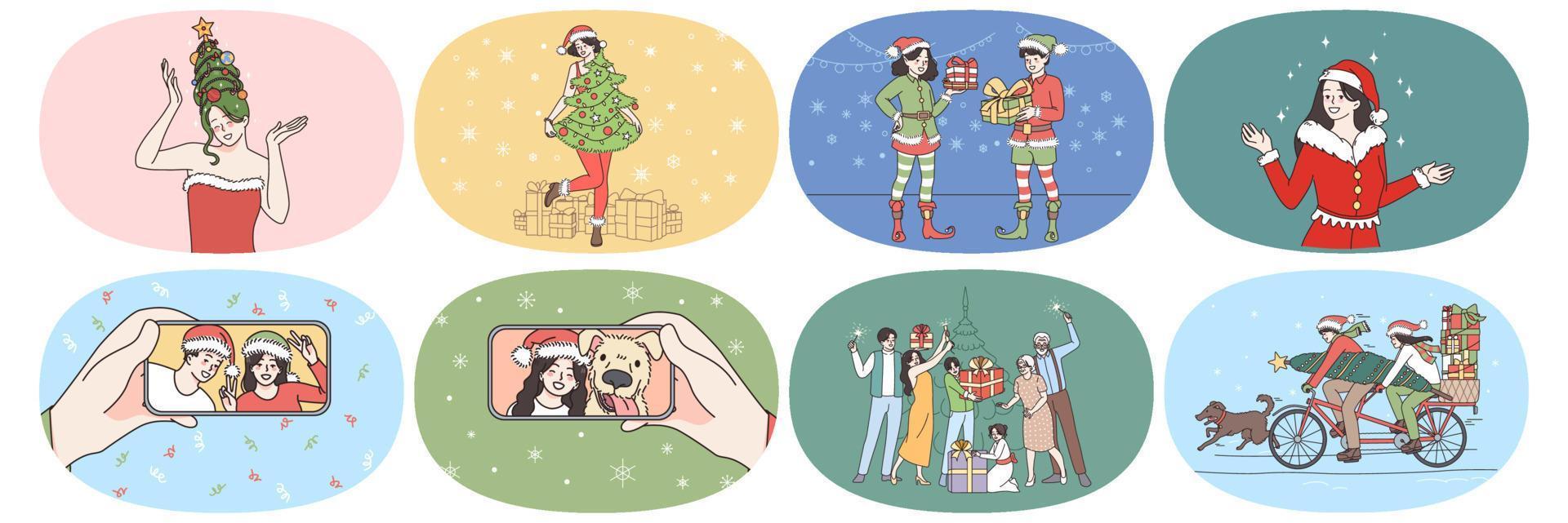 Set of happy people have fun celebrate New Year exchange presents on winter holidays. Smiling men and women enjoy Christmas celebration greeting make gift surprise. Flat vector illustration.