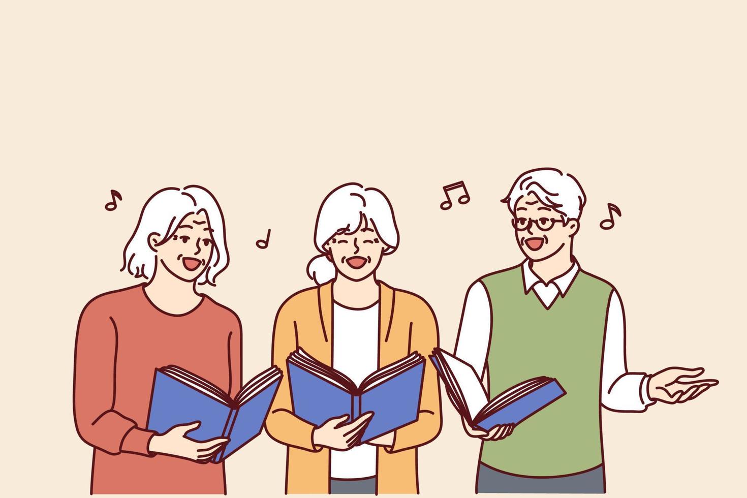 coro mayor hombres y mujer con libros de trabajo en manos canto canción juntos y disfrutando antiguo edad. canoso personas desde conjunto canta haciendo favorito pasatiempo o dando musical concierto vector