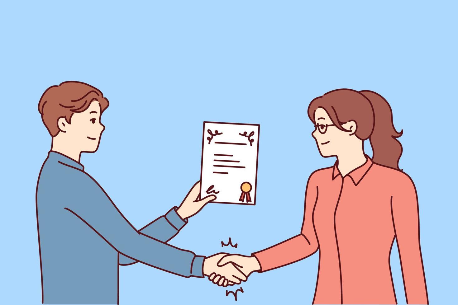 Boss gives certificate to woman for successful launch of project or increase in company profits. Girl receives diploma or certificate-voucher confirming completion of studies or professional courses vector