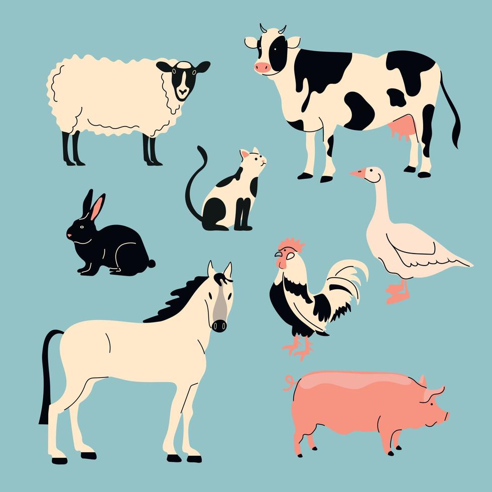 granja animales colocar. vector colección de animales y aves en de moda plano estilo incluso caballo, vaca, oveja, cerdo, conejo, ganso y pollo, gato aislado en blanco.