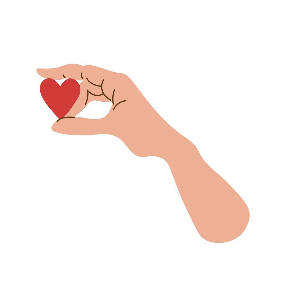 The hand holds a red heart. Vector illustration isolated on white background