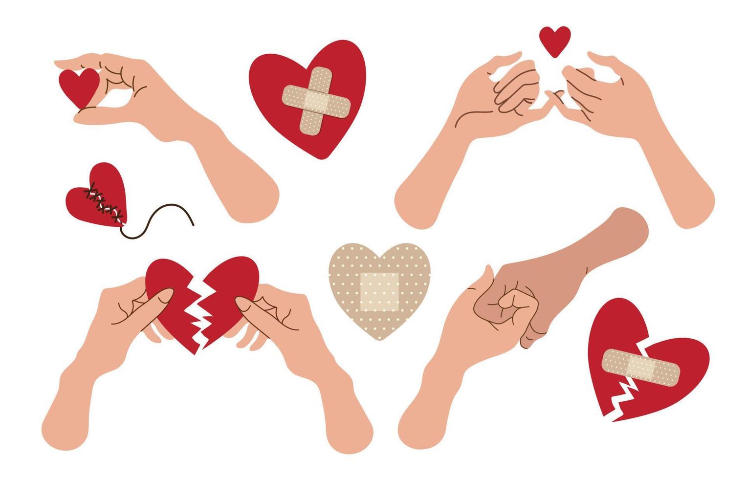 Set of hand gestures. Red broken heart in hands. The concept of reconciliation, restoration of love. Vector illustration, beautiful print