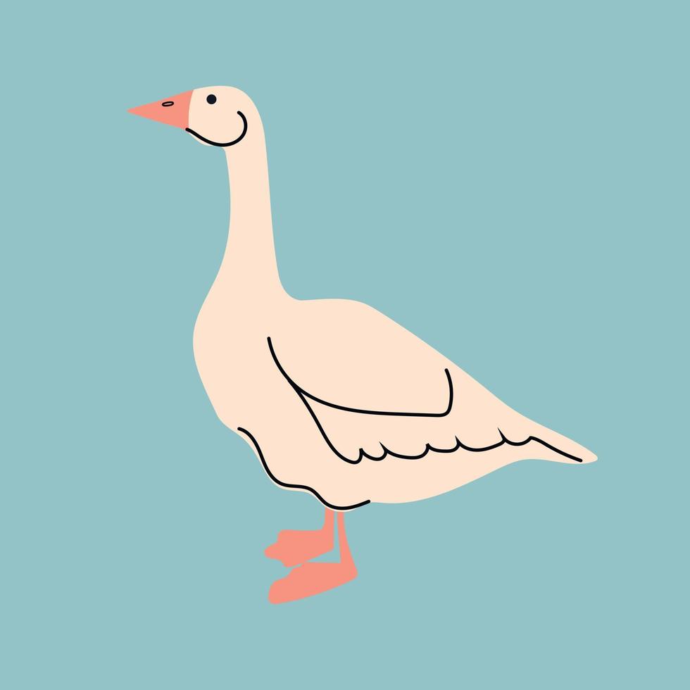 Vector illustration of a goose on a blue background. Farm animals theme.