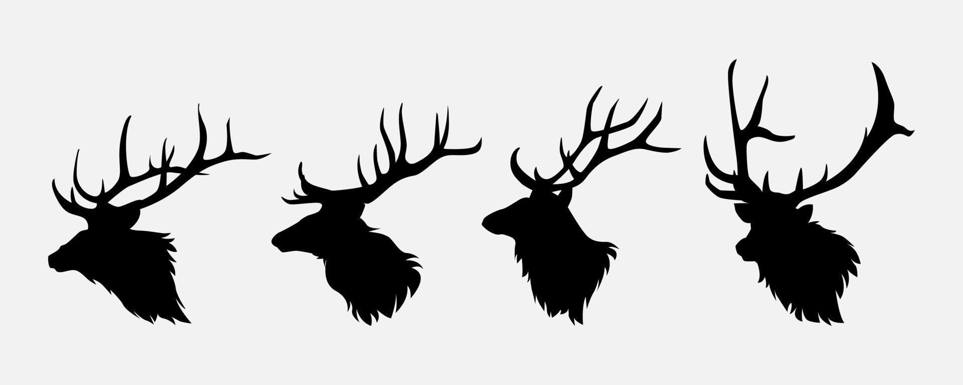 set silhouette of elk head. deer, moose. animal, horn, jungle, hunting concept. for print, poster, sticker, and other designs. monochrome vector illustration.