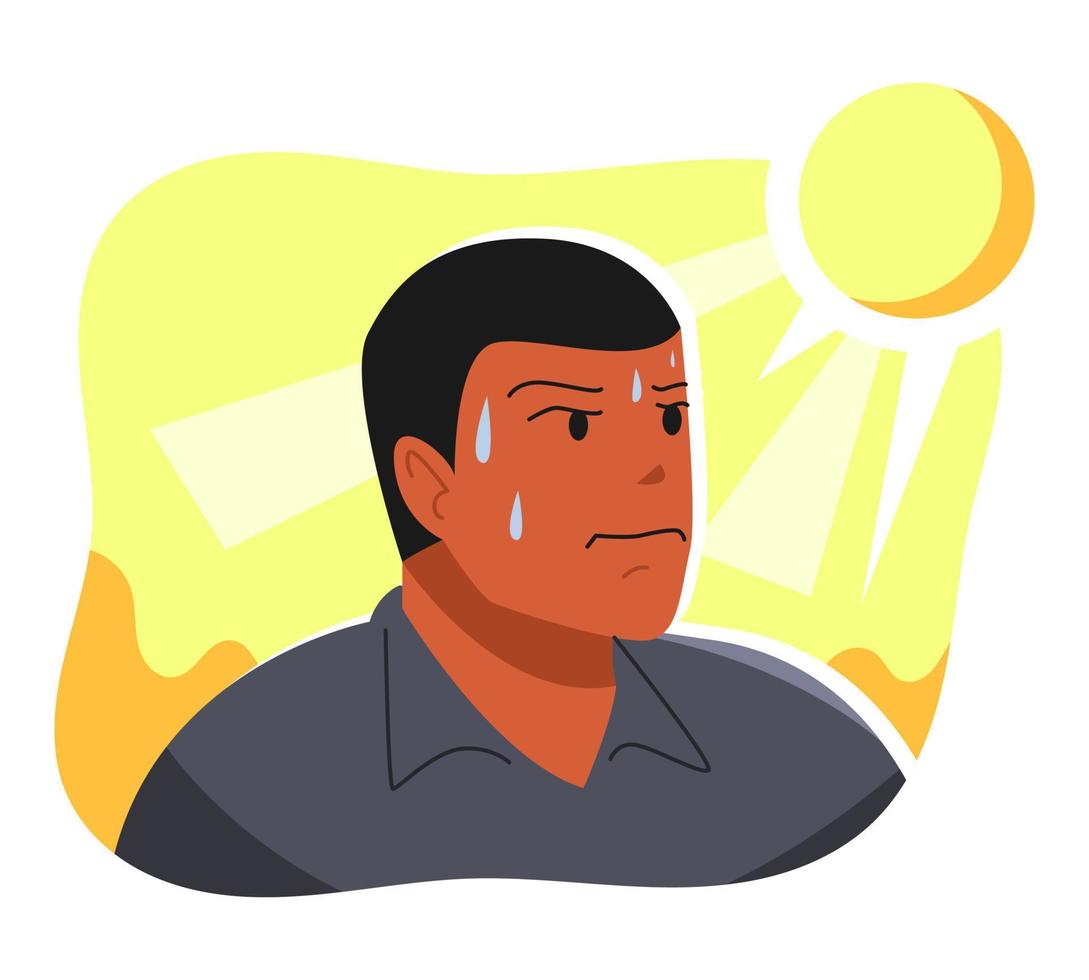 close up of male character sweating on face because hot of a sun. flat vector illustration.