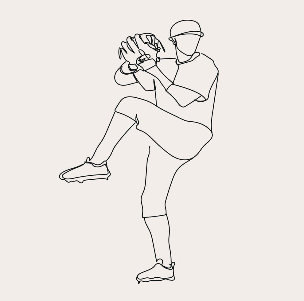 Minimalist Baseball line art, Extreme Sport, Softball Athlete, Simple Sketch, Outline Drawing, Vector Illustration, Black Lines Ball Game, Men