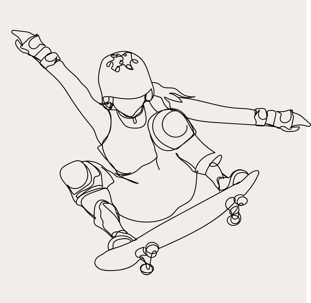 Minimalist Skateboarding line art, Extreme Sport, Female Skater Athlete Sketch, Outline Drawing, Girl vector