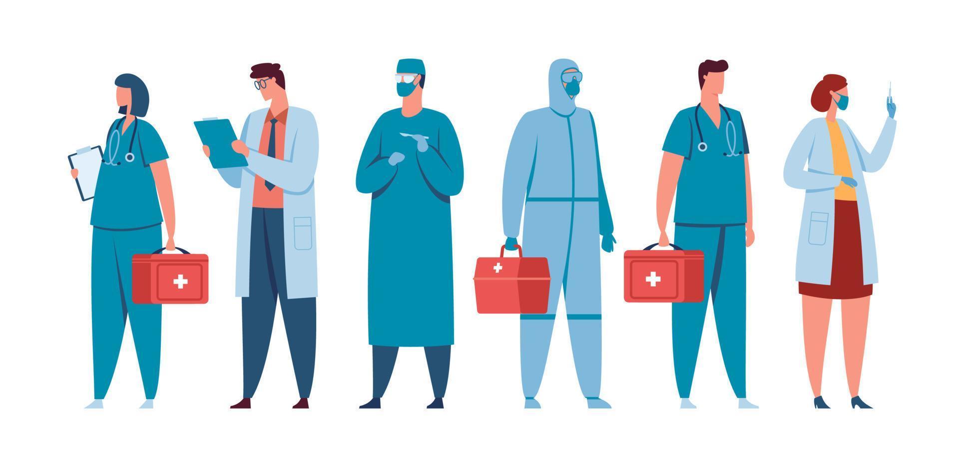 Healthcare workers. Medical team of doctors, nurses, surgeons, physicians in medic uniform. Hospital staff standing together vector concept