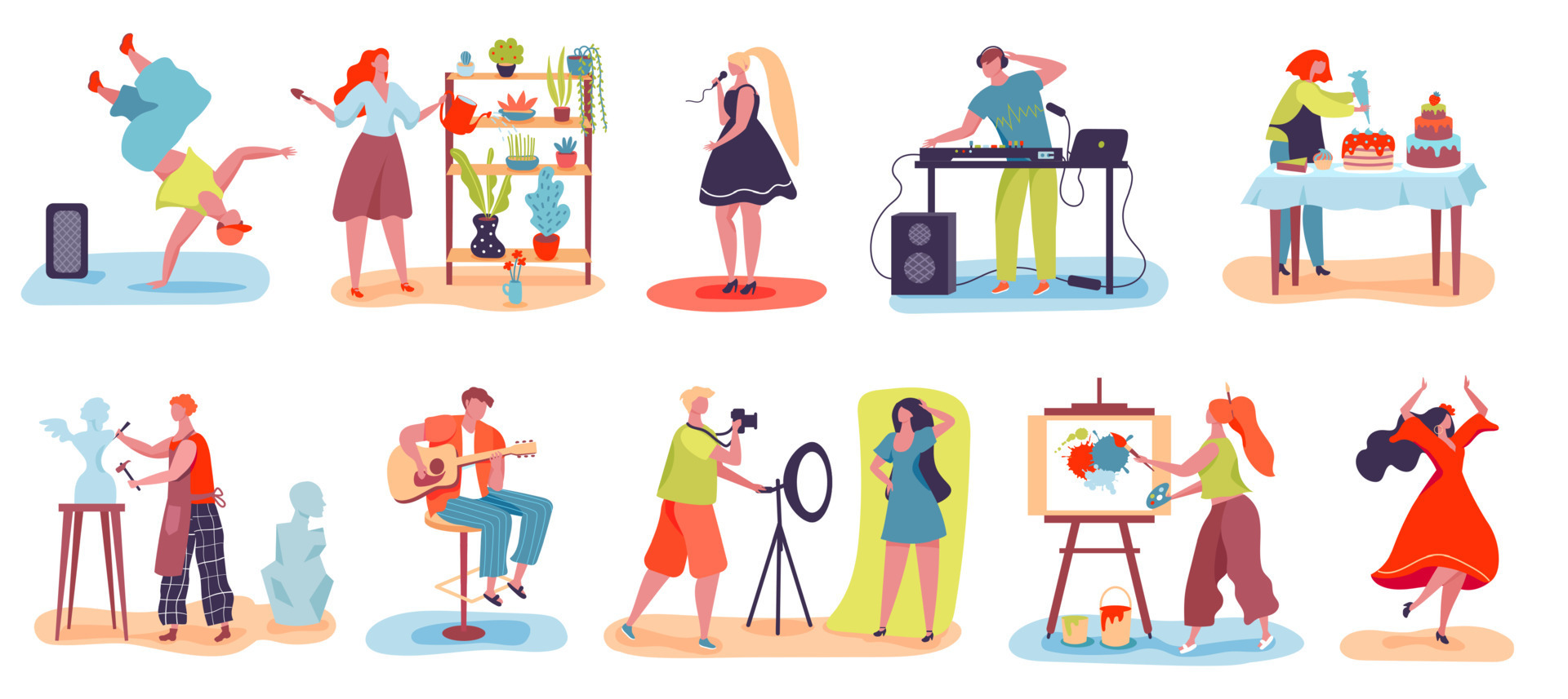 Premium Vector  Creative set of adult people and their hobbies. cooking,  painting, playing guitar and bass, embroidery, knitting, sewing,  sculpturing. flat