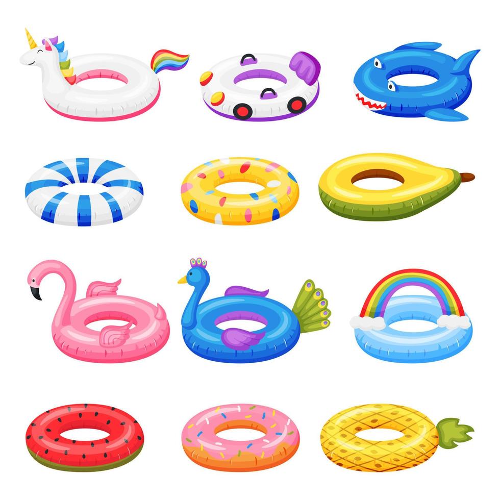 Swimming toy. Cartoon rubber inflatable rings in various shapes unicorn, flamingo, watermelon. Pool accessories beach inflatables toys vector set