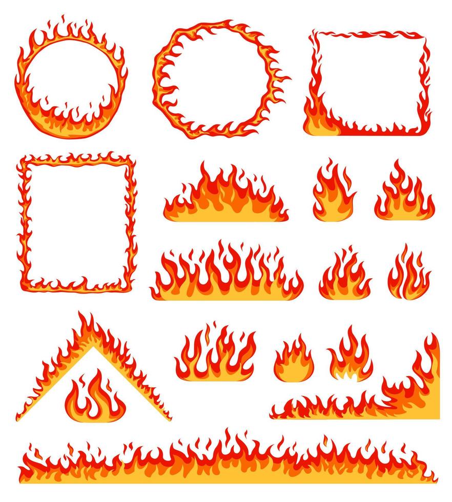 dibujos animados fuego marco. rojo caliente ardiente circulo y rectangular marcos horizontal fuego borde, hoguera, flameante fuego línea efecto vector conjunto