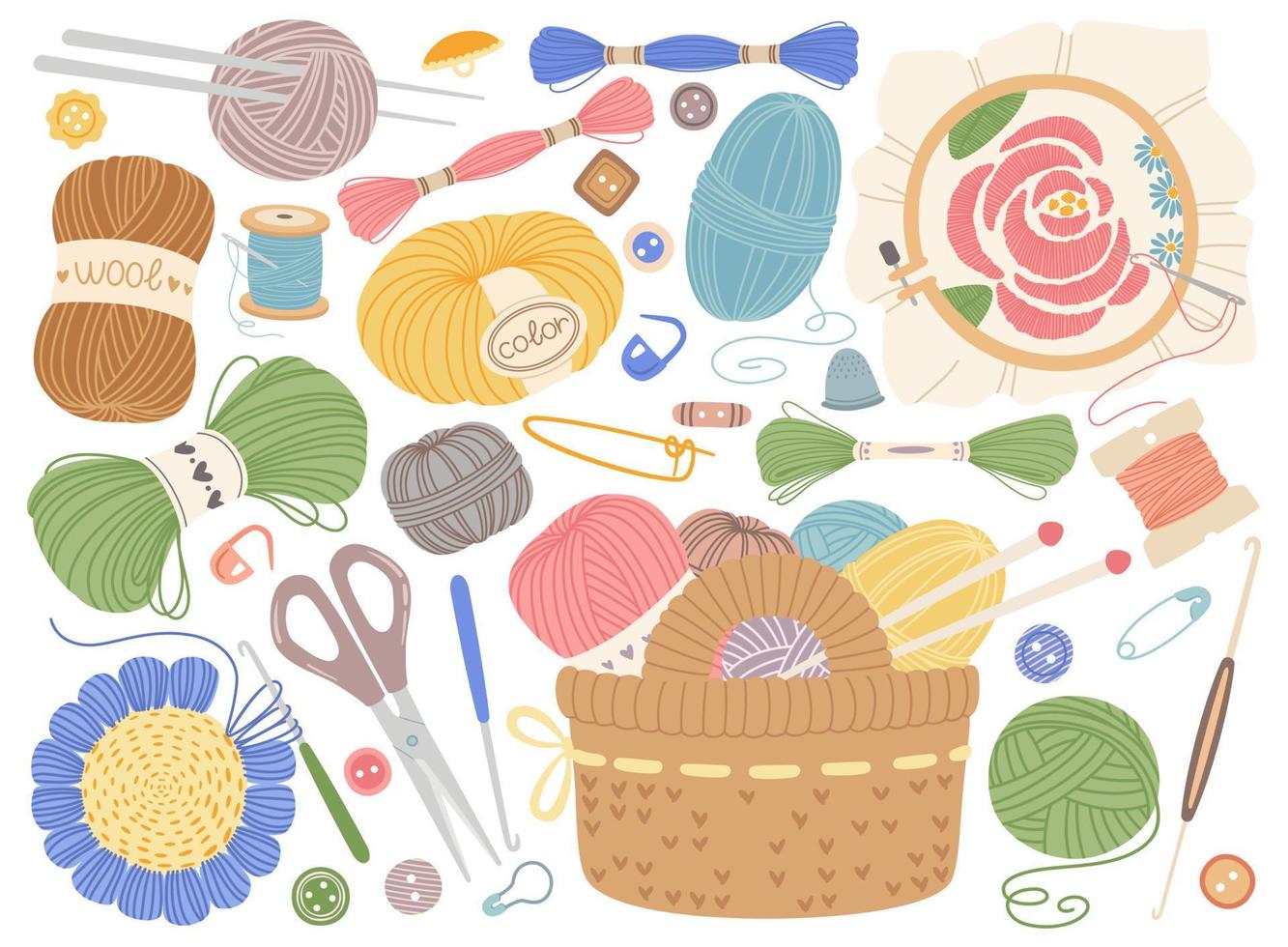 Knitting tools. Embroidery, sewing or crochet equipment. Wool yarns, knitting needles, buttons. Flat cartoon handicraft elements vector set